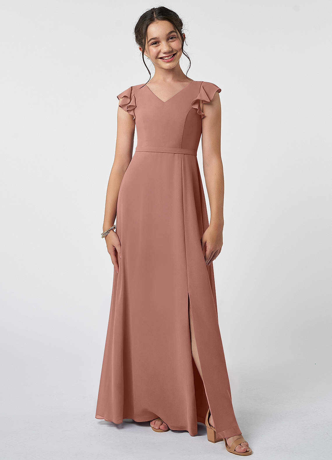 Azazie Claudine Junior Cedar Rose A-Line Pleated Chiffon Dress image1