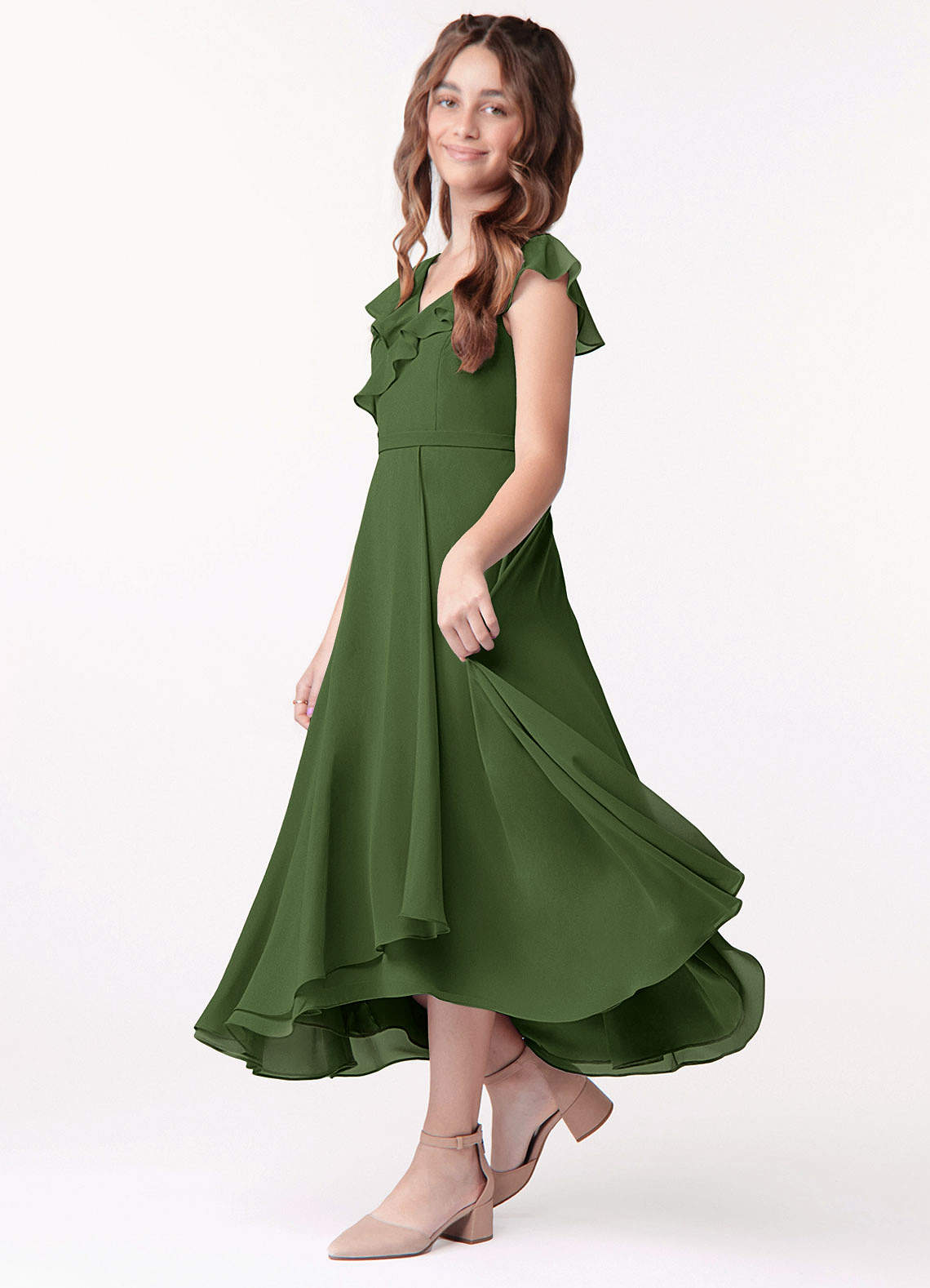 Azazie Posie Junior Olive A-Line Ruched Chiffon Dress image1
