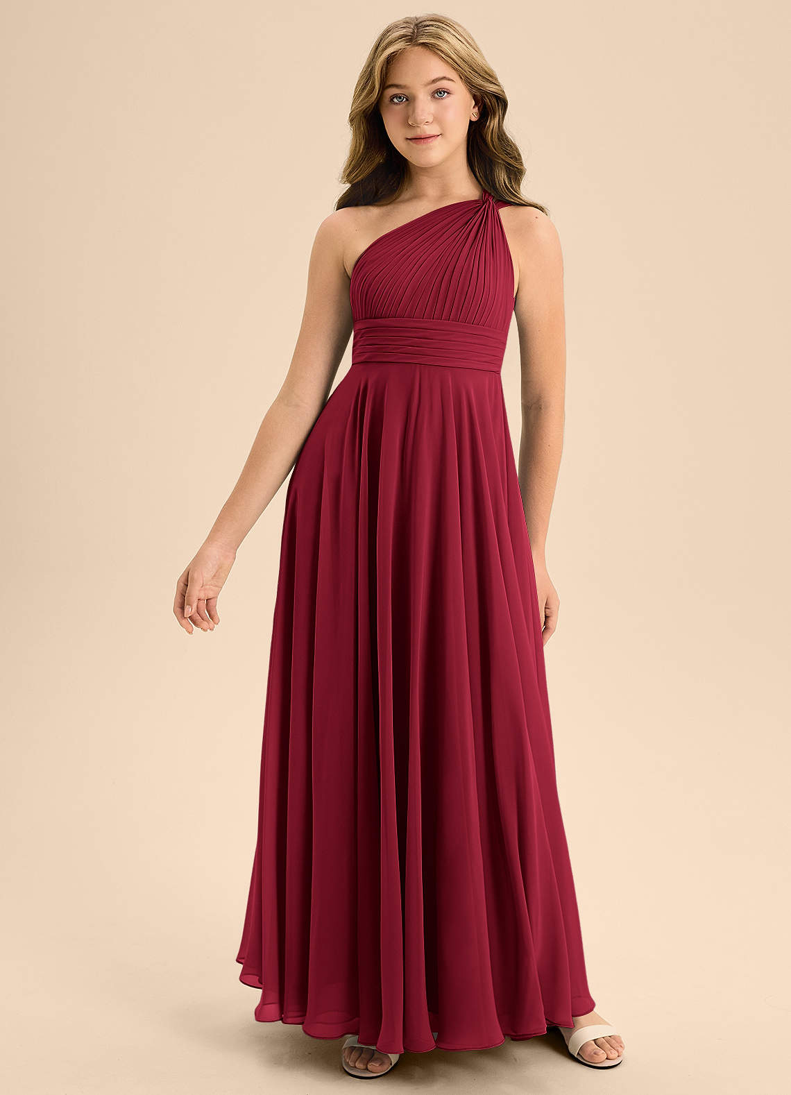 Azazie Charlize Junior Vestido Borgonha de Chiffon de Linha A com Plissado image2