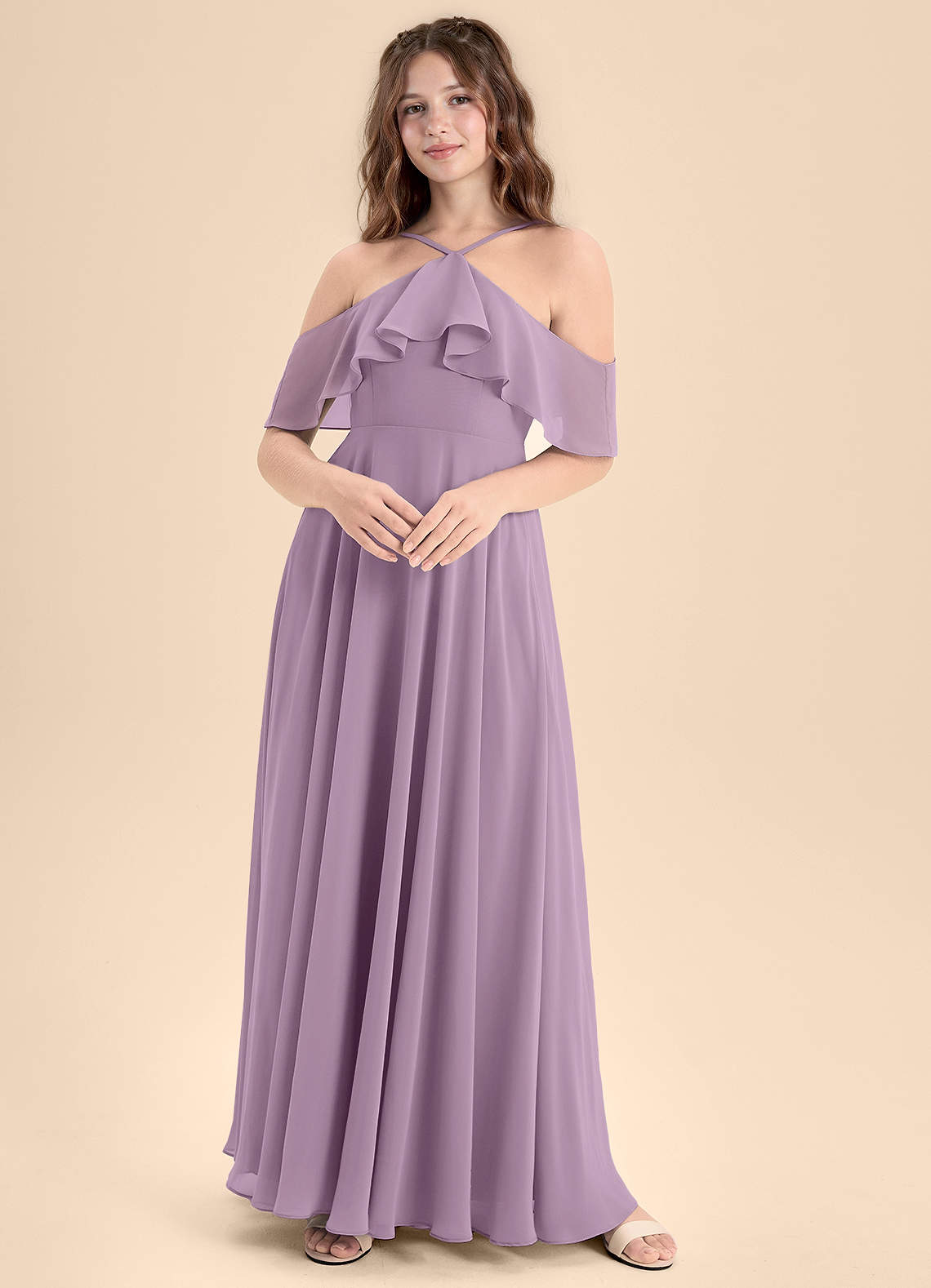 Azazie Tessabelle Junior Wisteria A-Line Off the Shoulder Chiffon Dress image1