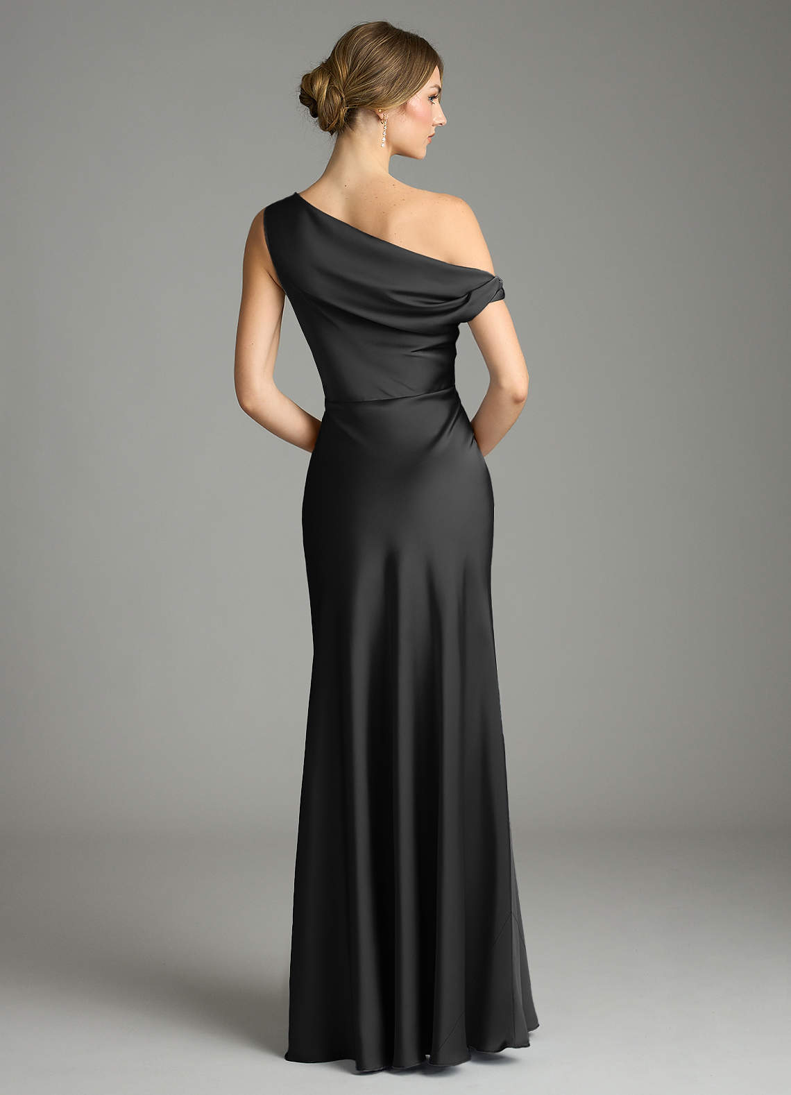 Azazie Emerson Bridesmaid Dresses Black Mermaid Off the Shoulder Stretch Satin Dress image2