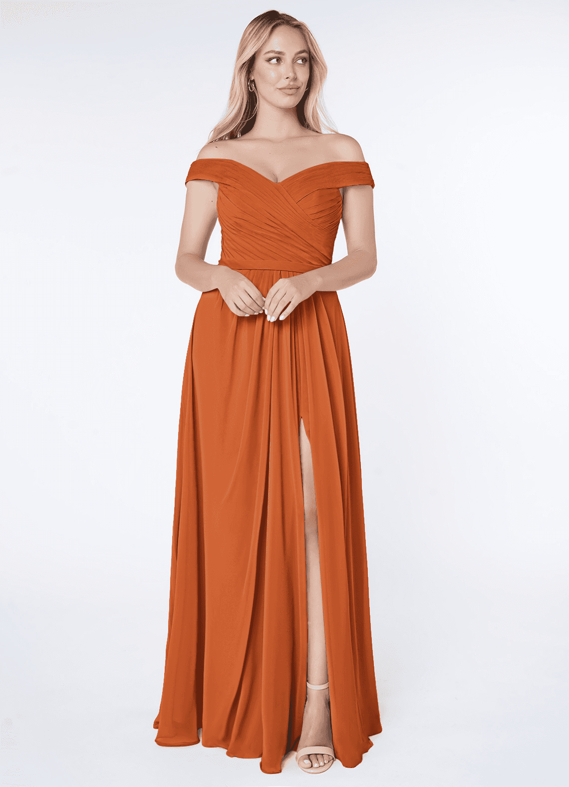 Azazie Audrianna Bridesmaid Dresses Cinnamon A-Line Off-The-Shoulder Gathered Chiffon Convertible Dress image1