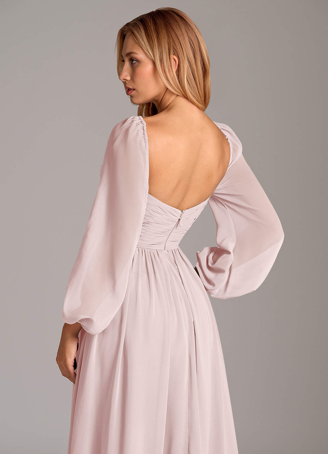 Azazie A-Line V-Neck Long Sleeve Floor-Length Chiffon Bridesmaid Dresses - Blushing Pink