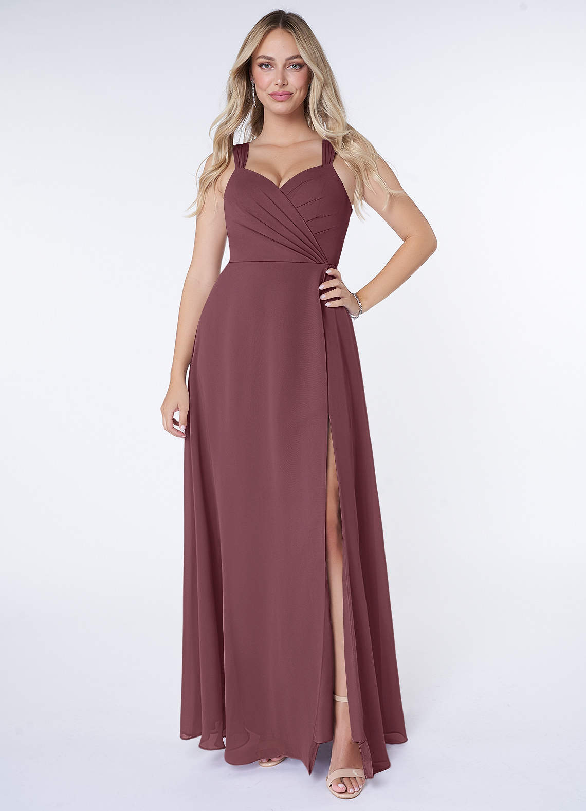 Azazie Nahrin Bridesmaid Dresses Sangria A-Line V-Neck Pleated Chiffon Dress image1