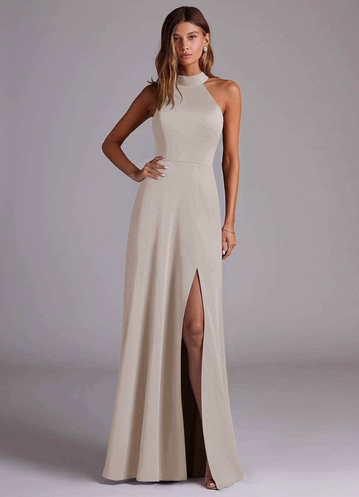 Azazie Myra Bridesmaid Dresses Frost A-Line Side Slit Stretch Satin Dress image1