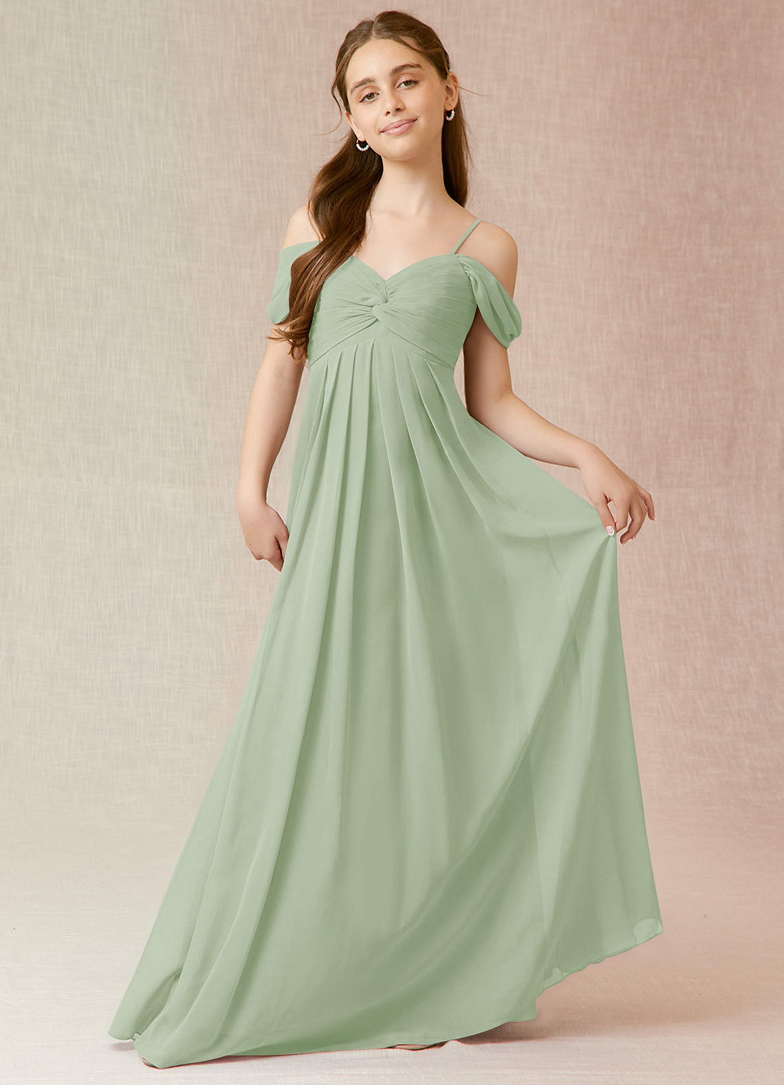 Azazie Kaitlynn Junior Dusty Sage A-Line Off the Shoulder Chiffon Dress image3