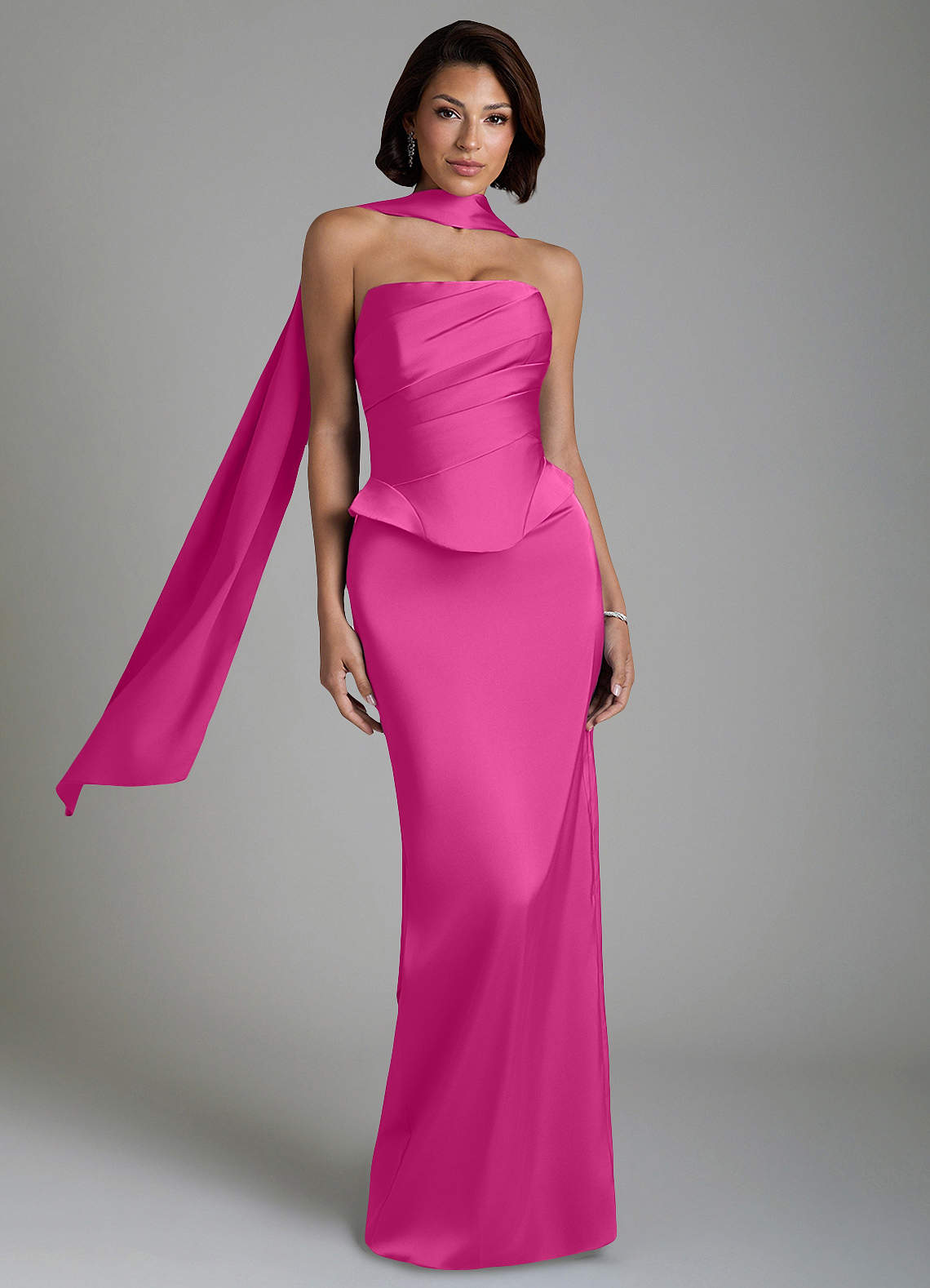 satin fuchsia bridesmaid dresses Azazie Harlow she is 57 \