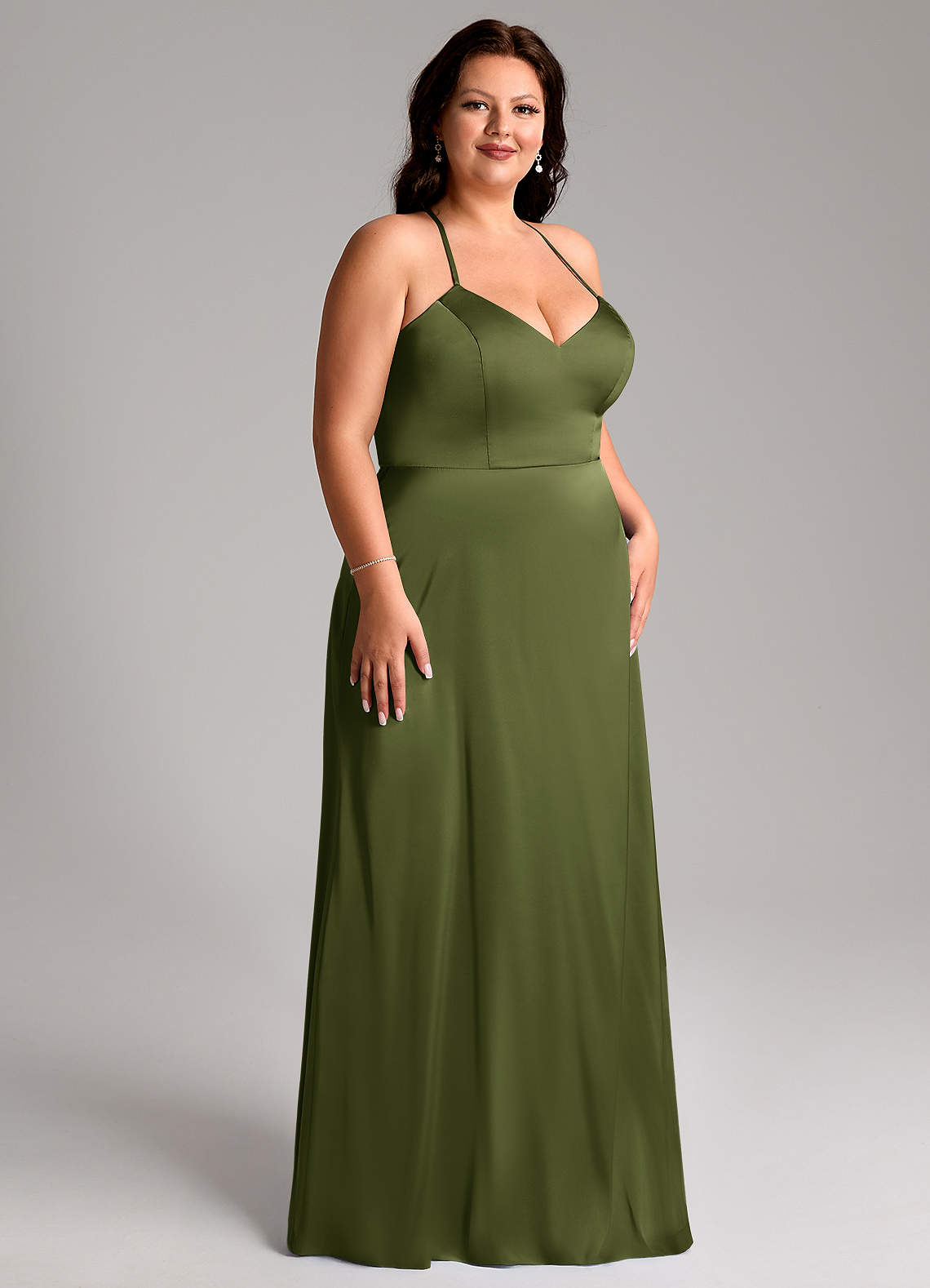 Azazie Plus Size A-Line V-Neck Floor-Length Stretch Satin Bridesmaid Dresses - Olive Azazie Plus Size A-Line V-Neck Floor-Length Stretch Satin Bridesmaid Dresses - Olive