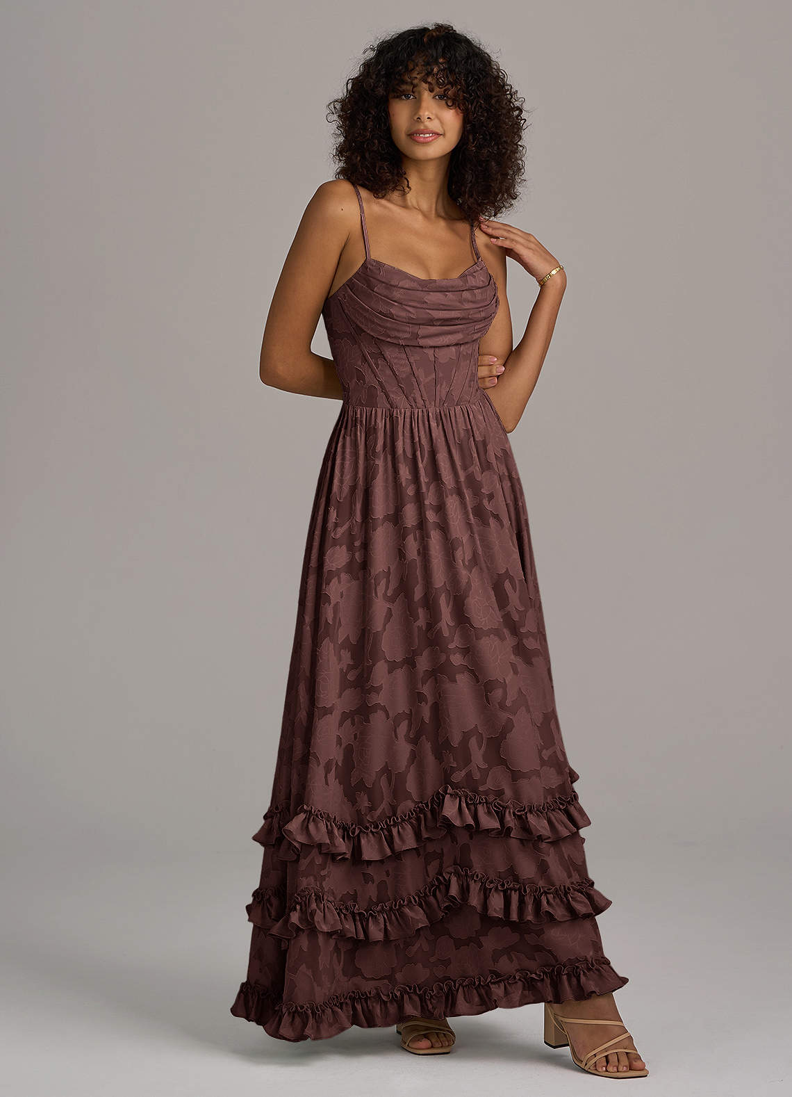 brown floral bridesmaid dresses Azazie Lettie Espresso Floral Burnout Bridesmaid Dresses