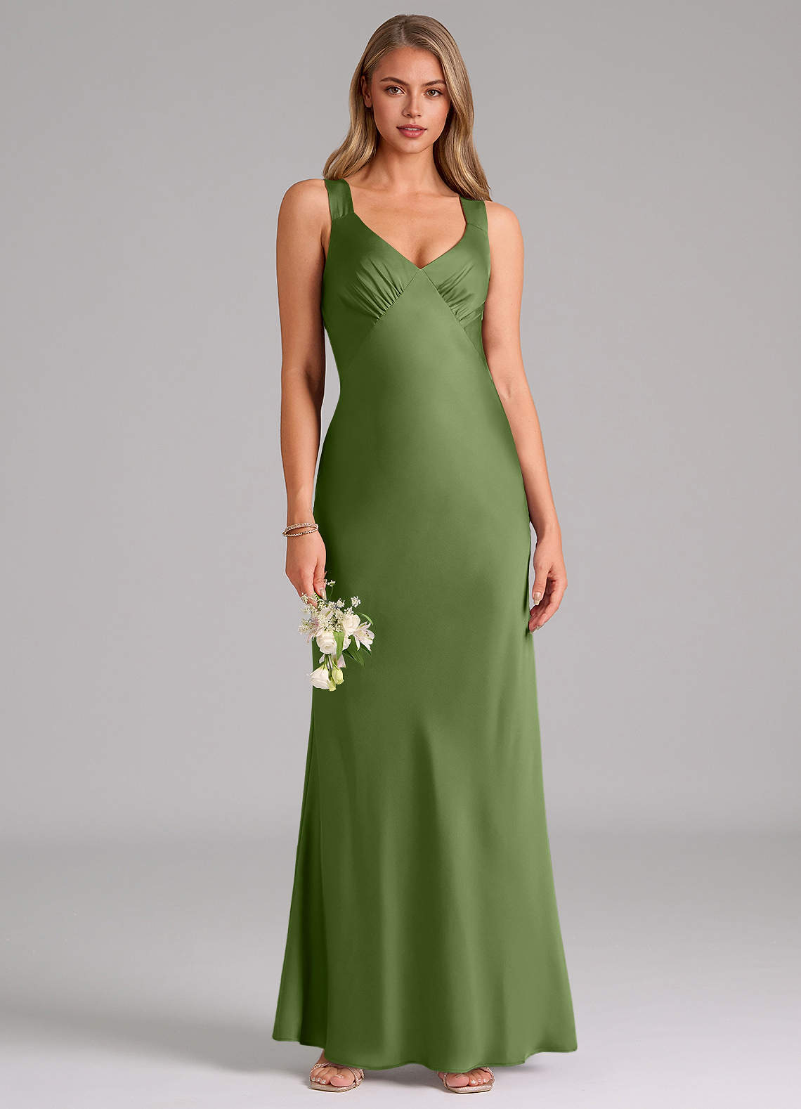 Azazie Kamila Bridesmaid Dresses Juniper A-Line Pleated Stretch Satin Dress image1