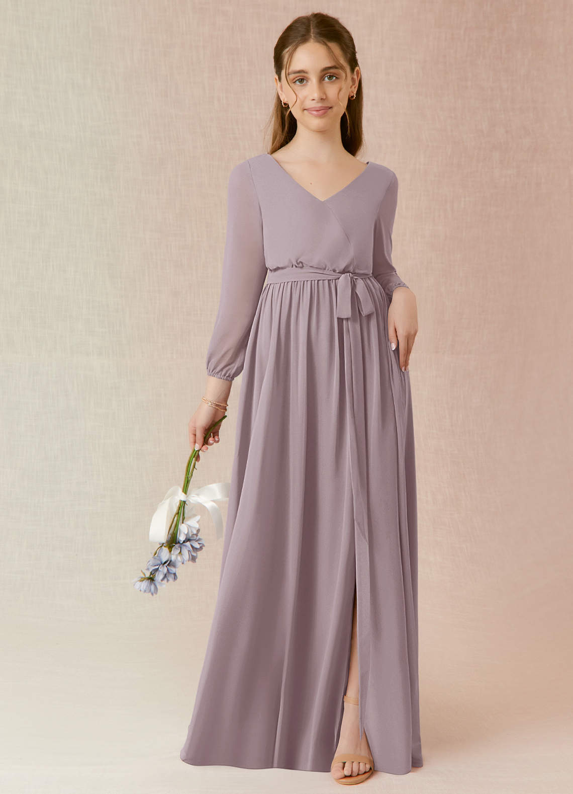 Azazie Angelica Junior Abito A-Line in Chiffon Plissettato Dusk image1