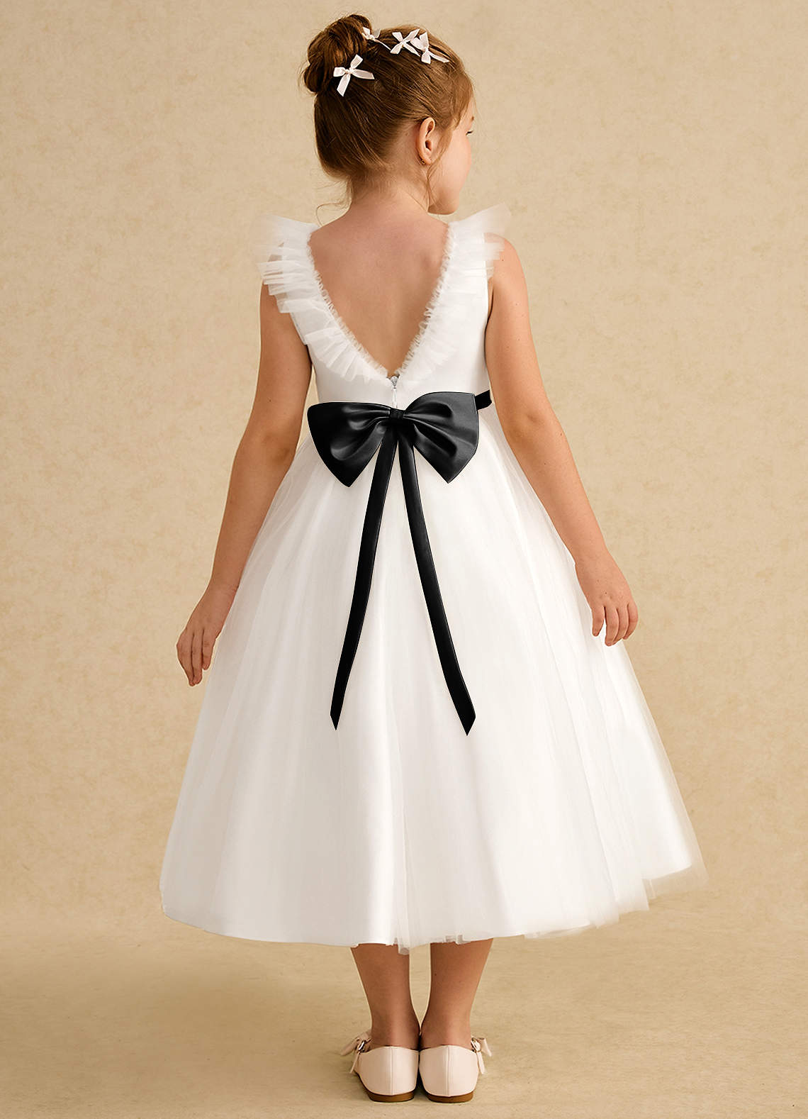 Azazie Amber Flower Girl Dresses Ivory Black A-Line Bow Tulle Dress image1