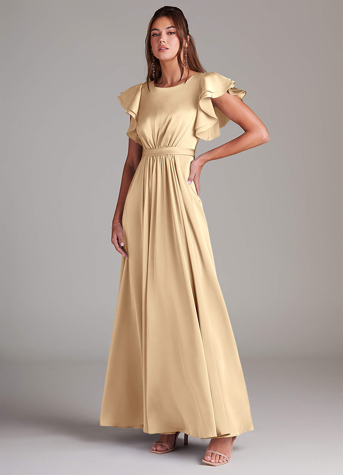 Azazie Daphne At-home Try On Dresses A-Line Ruched Stretch Satin Floor-Length Dress image3