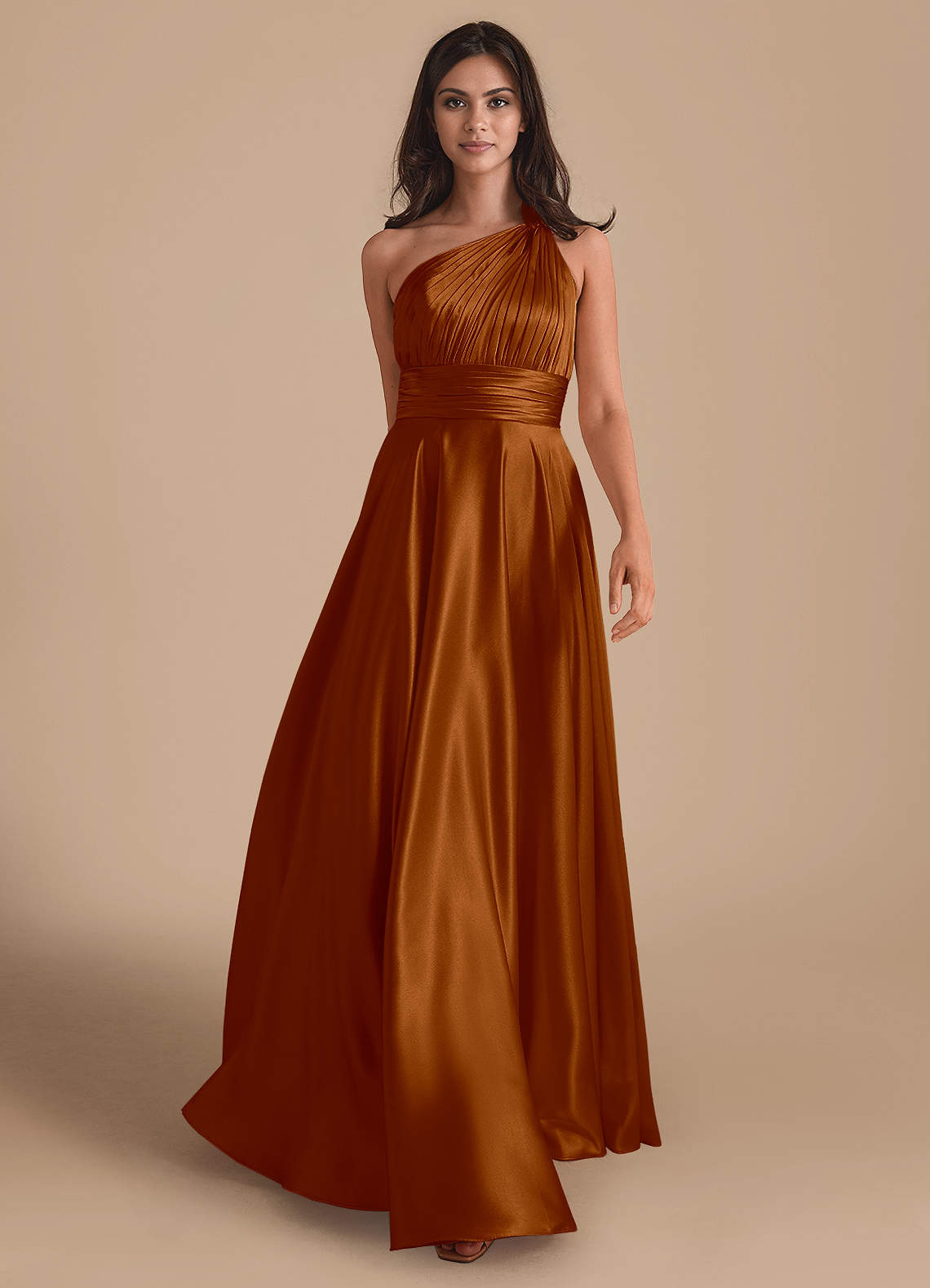 Azazie Charlize Bridesmaid Dresses Copper A-Line One Shoulder Metallic Satin Dress image1