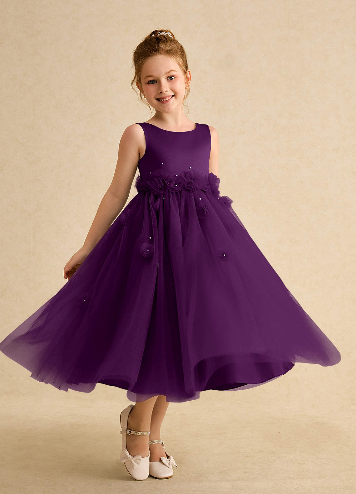 Azazie Lux Flower Girl Dresses Grape A-Line Beaded Tulle Dress image1