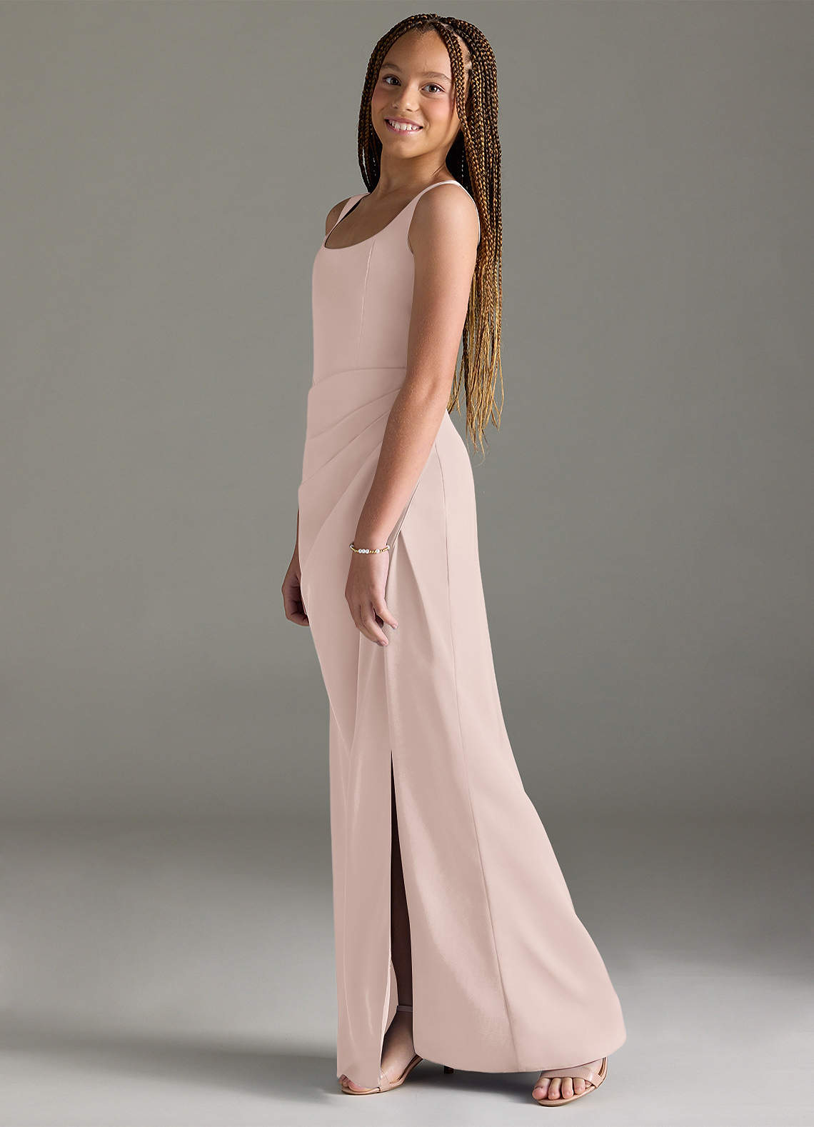 Azazie Mero Junior Vestido de Rosa Rubor de Satén Elástico de Corte Sirena con Plisado image3