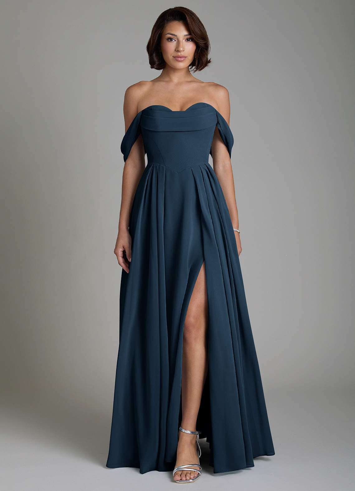 navy blue a line bridesmaid dresses Azazie Loisa sheer drape that maintains