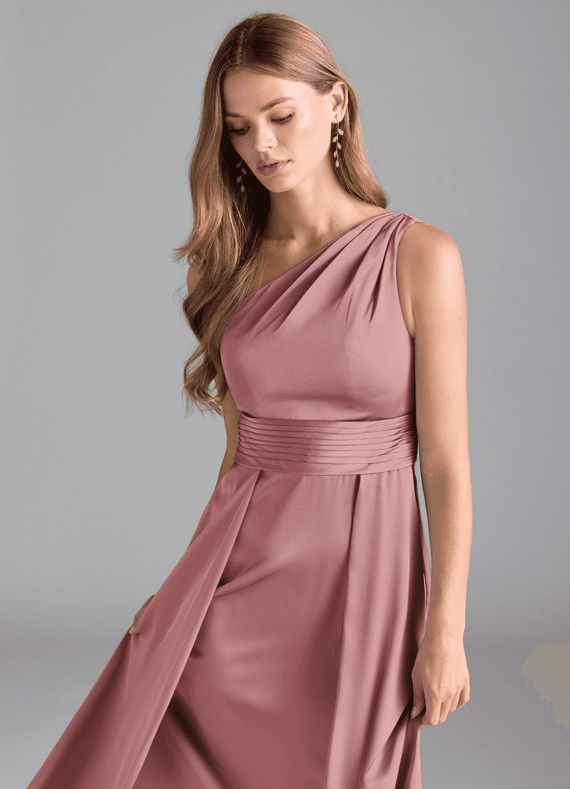 Azazie Dallas Vestidos de damas de honor Vestido de Rosa Polvorienta de Satén Elástico de Corte en A con Hombro unilateral image5