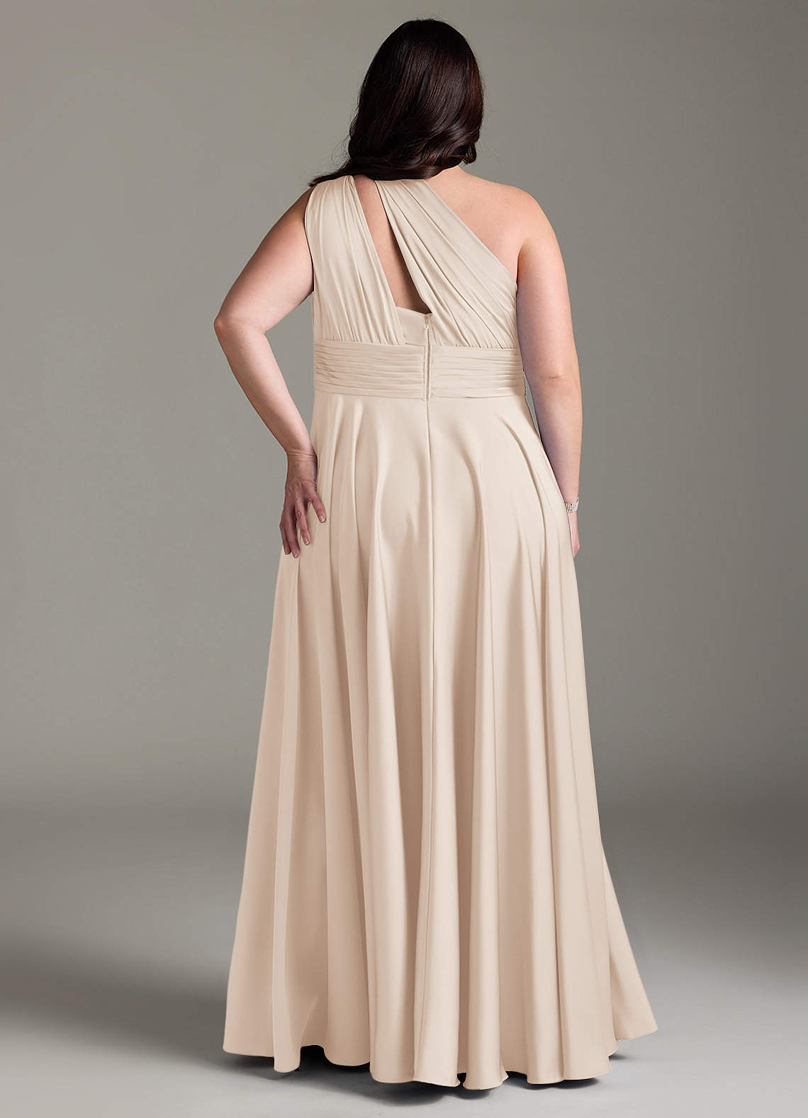 Azazie Charlize Vestidos de damas de honor Vestido de Alabastro Blanco de Satén Elástico de Corte en A con Hombro unilateral image9