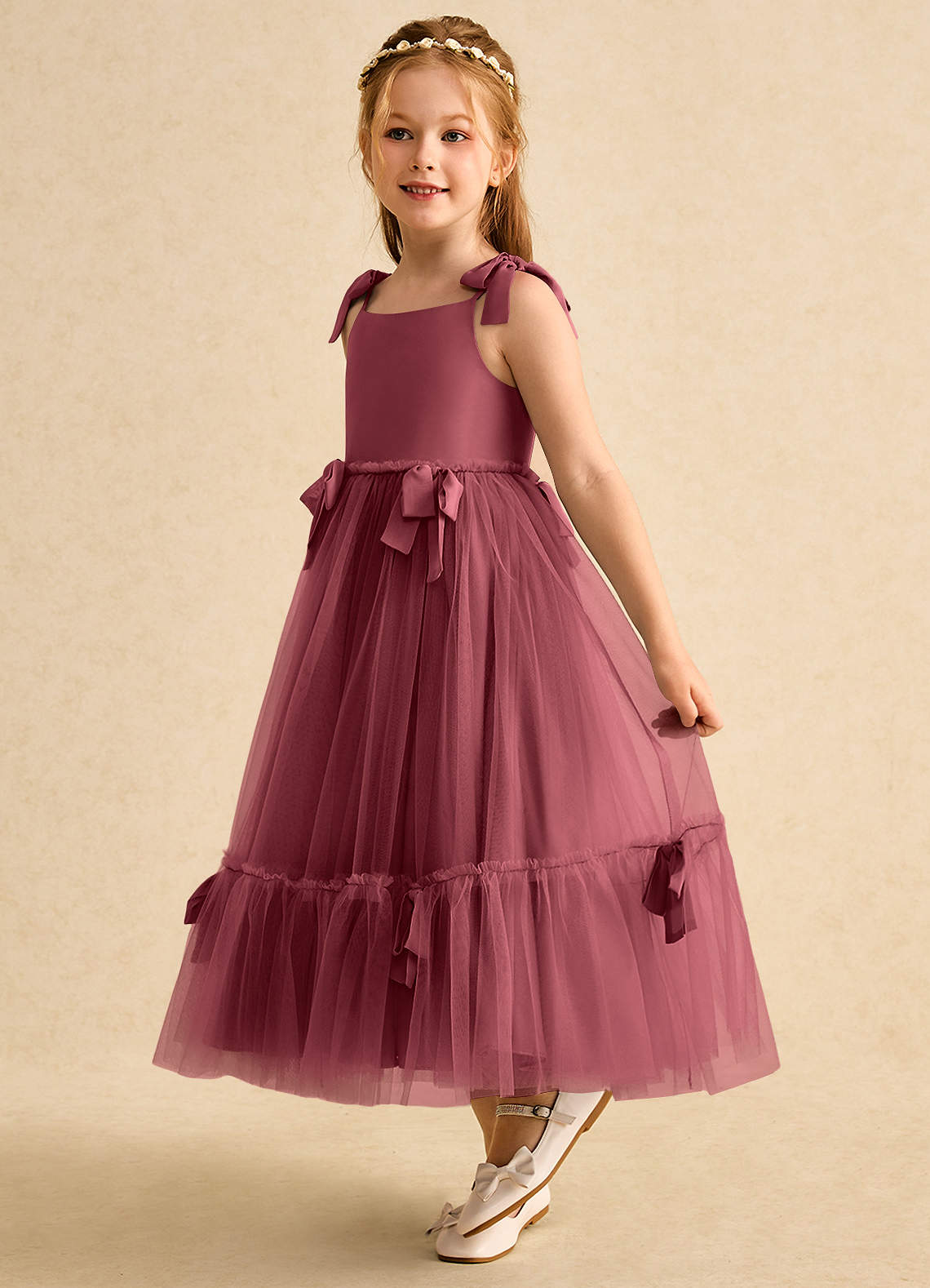 Azazie Jaci Blumenmädchenkleider A-Linie Spaghetti Riemen Chiffon Kleid Merlot image1