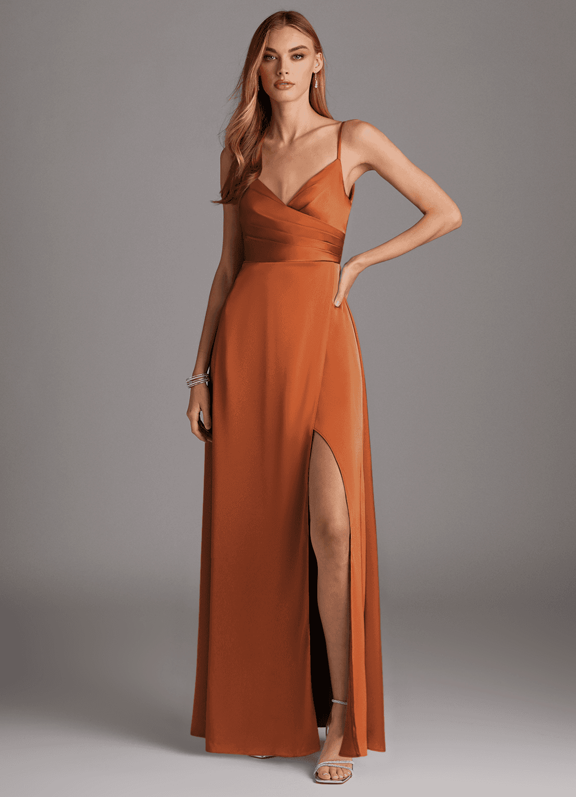 Azazie Calissa Bridesmaid Dresses Cinnamon A-Line V-Neck Pleated Stretch Satin Dress image1
