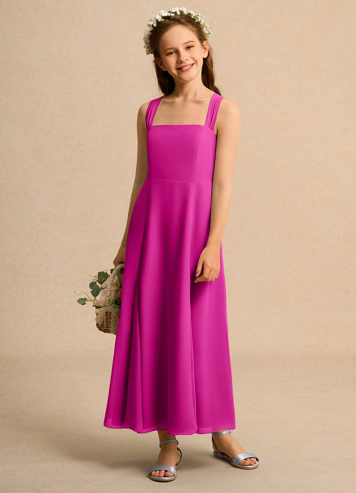 Azazie Tater Girl vestidos de niña de las flores Vestido de Fucsia de Gasa de Corte En A con Plisado image1