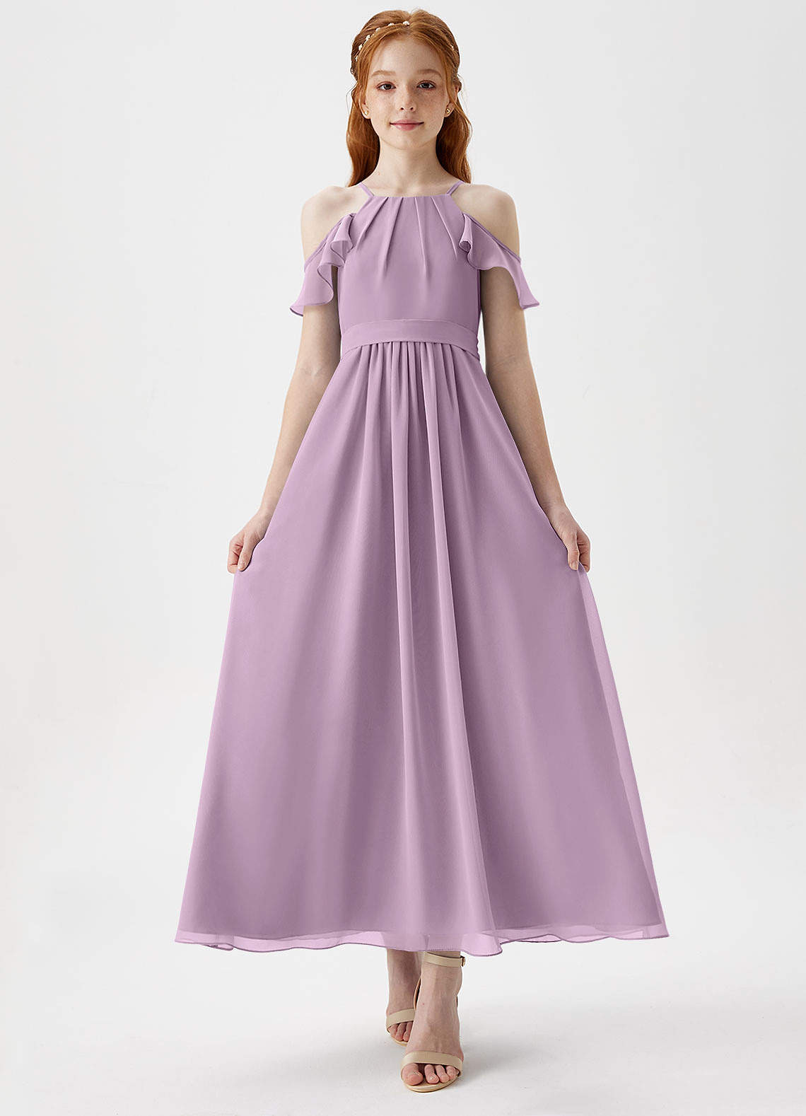 Azazie Chaya Junior Wisteria A-Line Off the Shoulder Chiffon Dress image3