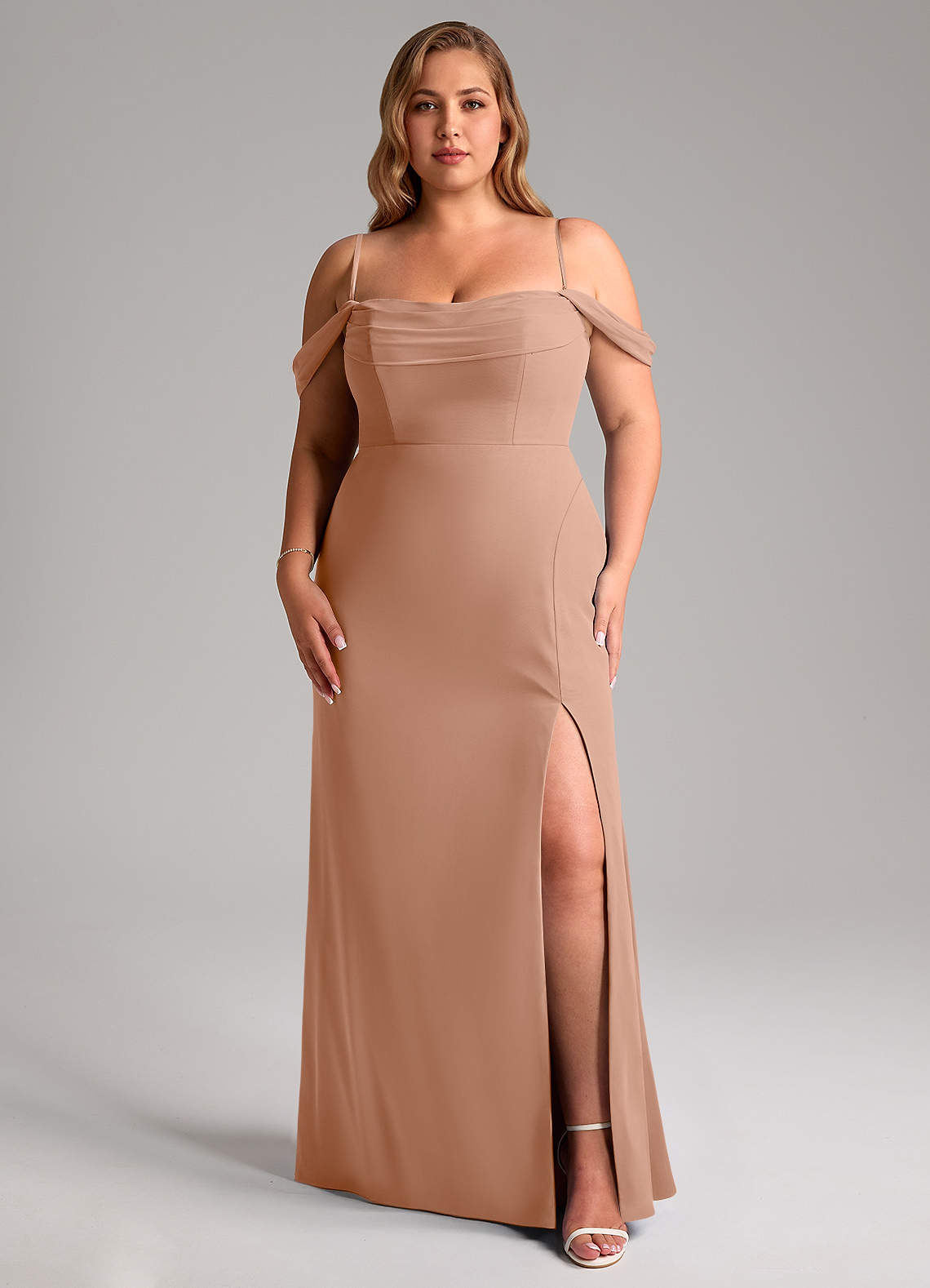 Azazie Saige Bridesmaid Dresses Champagne Rose A-Line Off the Shoulder Chiffon Convertible Dress image13