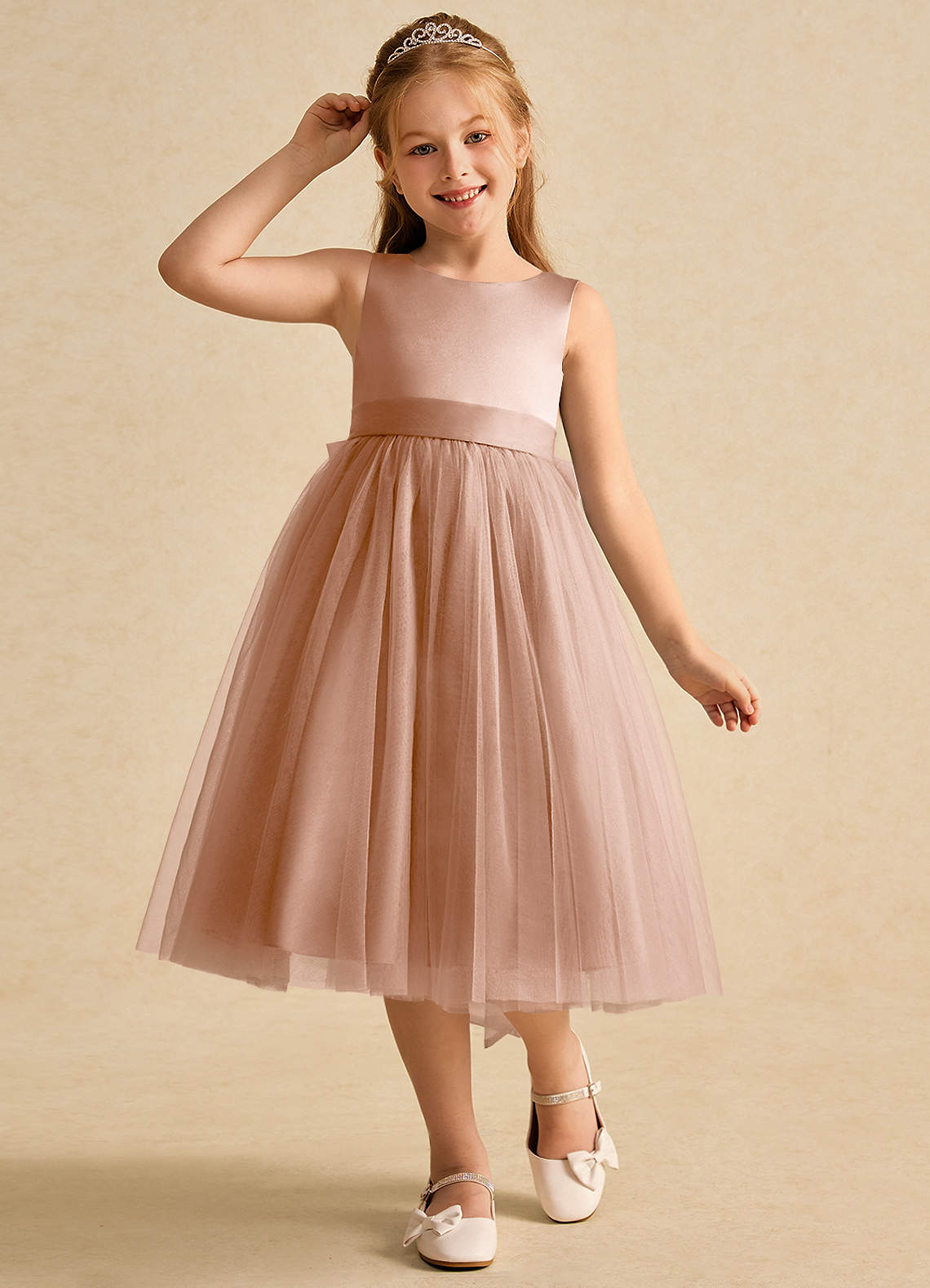 Azazie Winnie Flower Girl Dresses Champagne Rose Ball-Gown Bow Tulle Dress image3