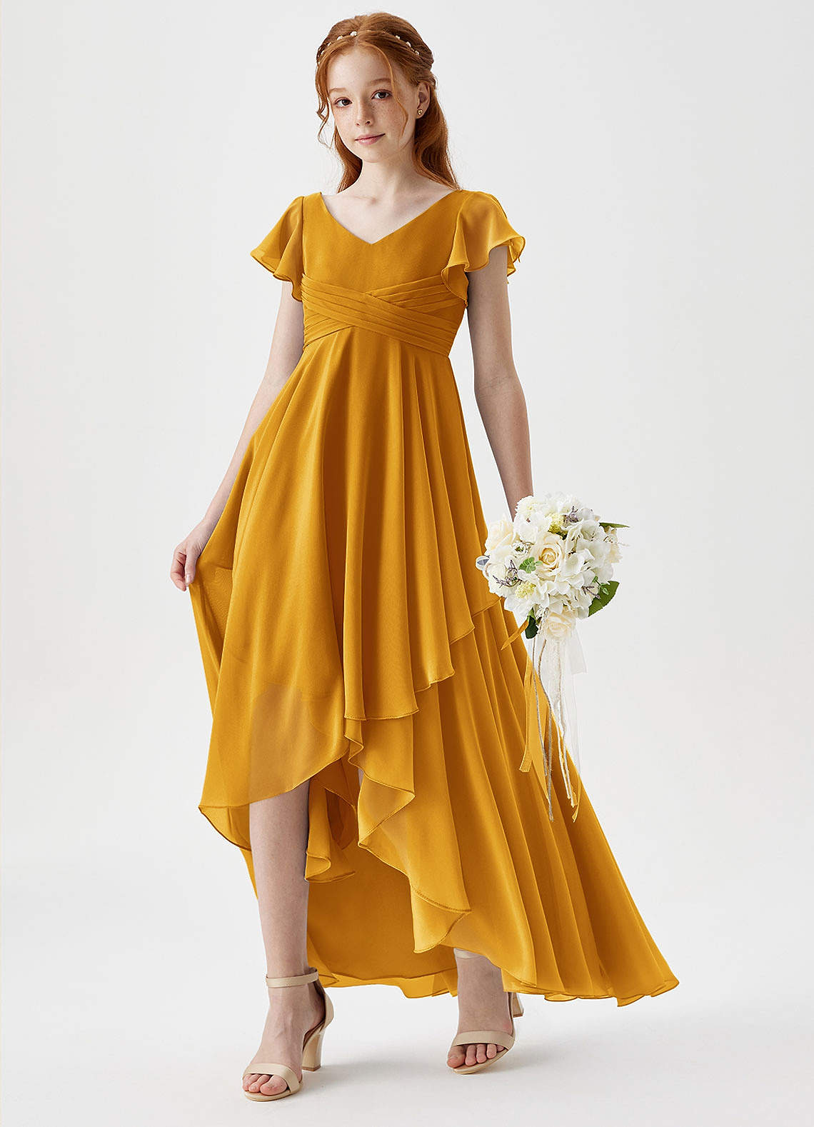 Azazie Caria Junior A-Linie Plissee Chiffon Kleid Butterscotch image1