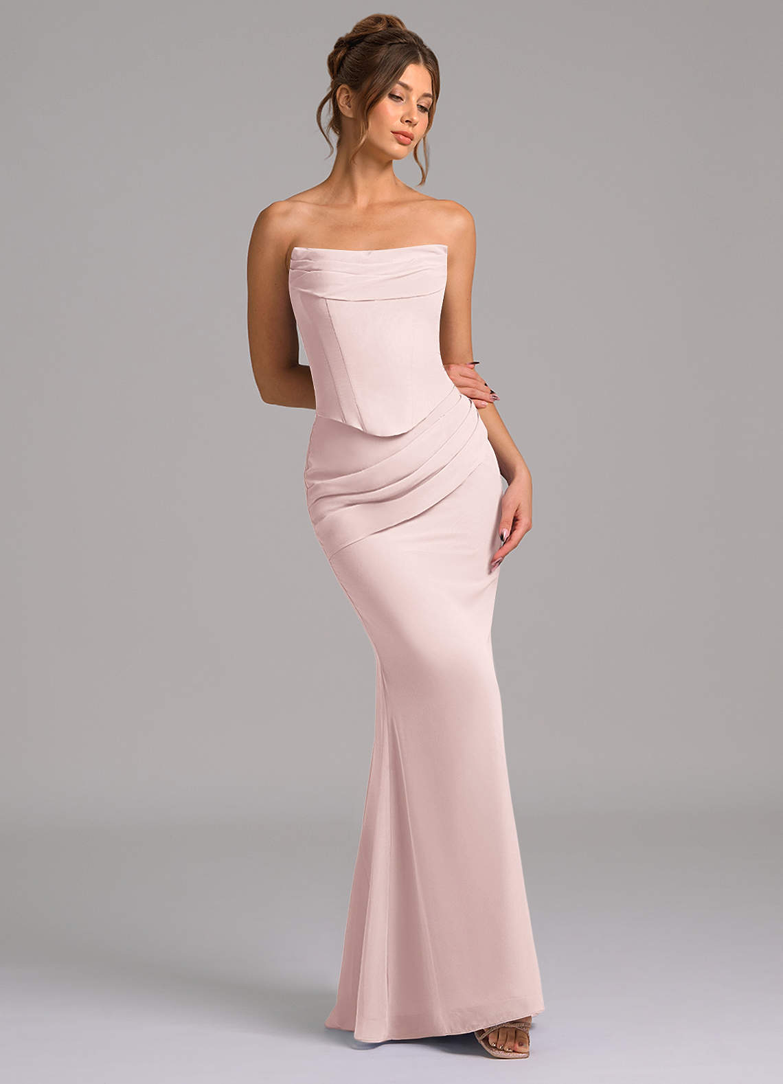 Azazie Sorrel Vestidos de damas de honor Vestido de Rosa Rubor de Gasa de Corte Sirena con Corsé image6