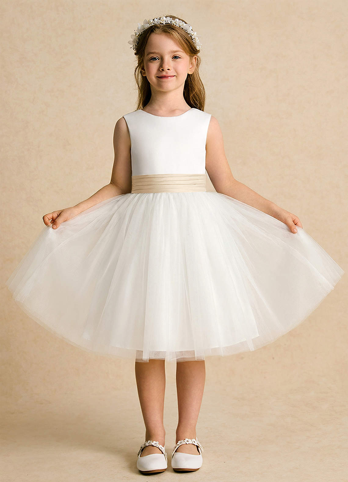 Azazie Sosie Flower Girl Dresses Ivory Champagne A-Line Pleated Tulle Dress image1