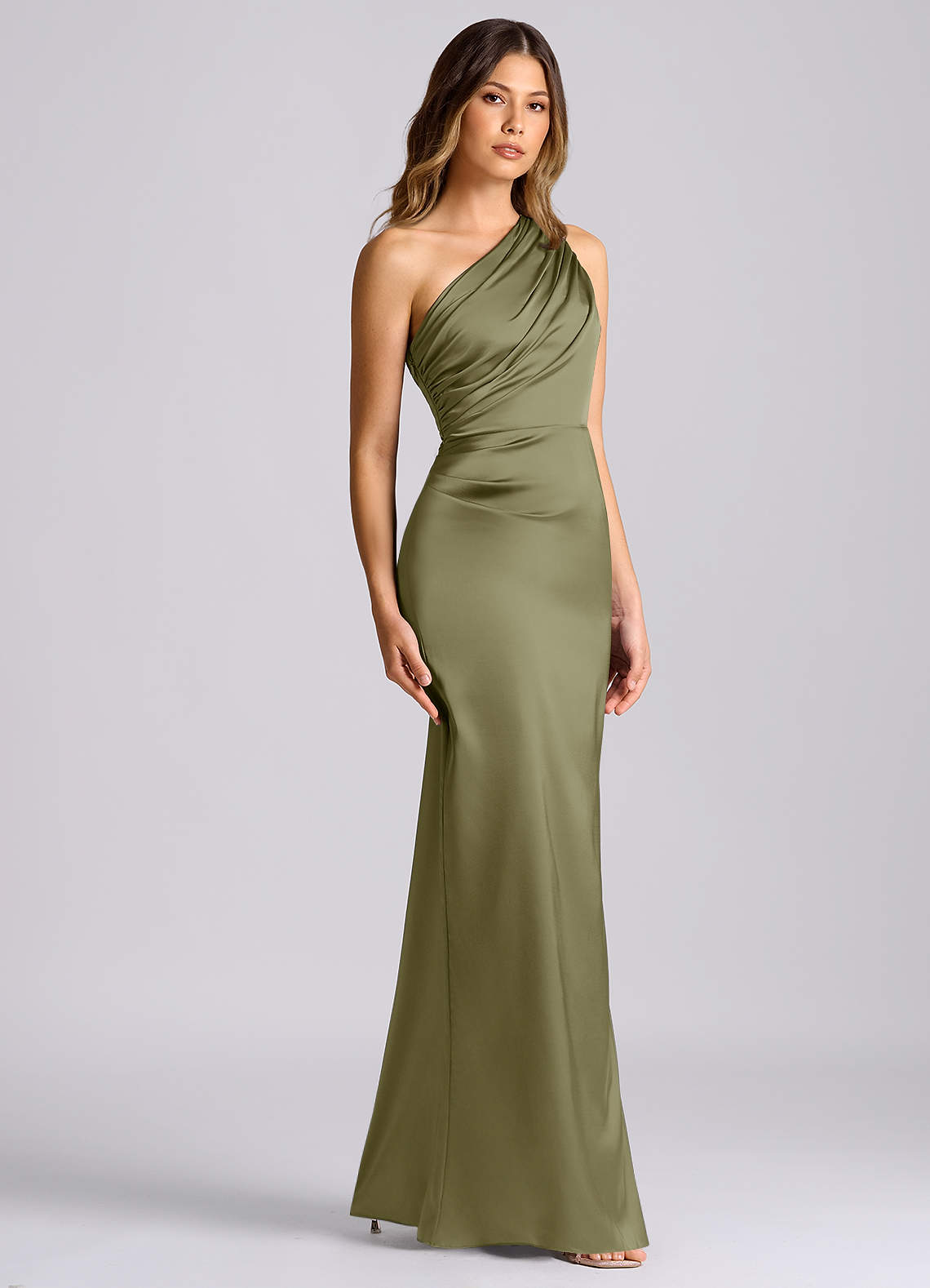 Azazie Akilah Jurken voor bruidsmeisjes Jurk van Stretch Satijn met Zeemeermin One-Shoulder Pistache image2