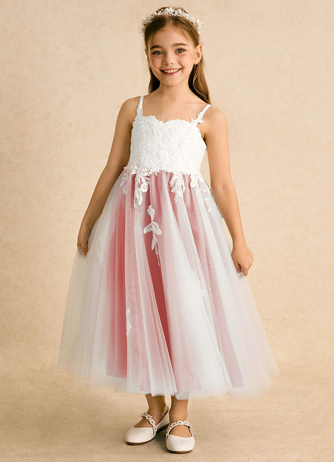 Azazie Coraline Blumenmädchenkleider A-Linie Spitze Kleid Elfenbein Koralle image1