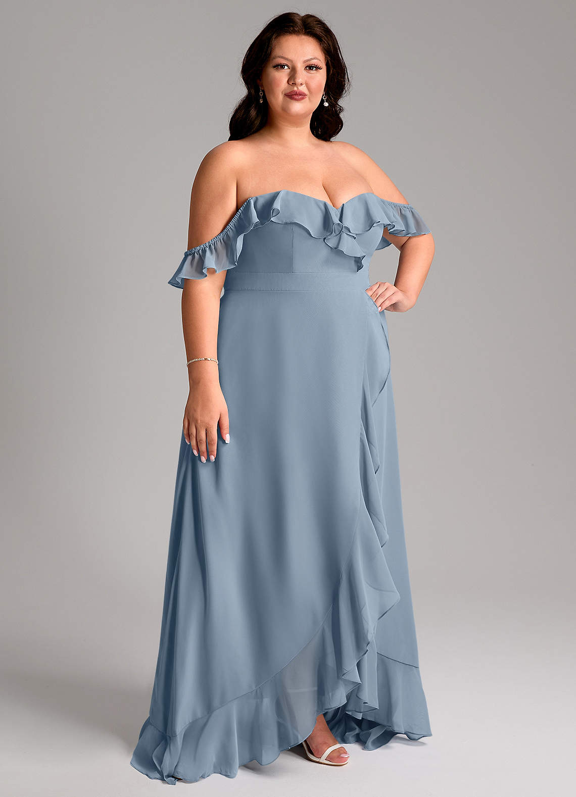 Azazie Lyra At-home Try On Dresses Dusty Blue A-Line Chiffon Convertible Dress image12