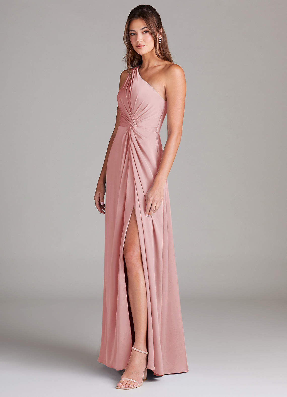 Azazie Brooke Bridesmaid Dresses Powder Pink A-Line One Shoulder Stretch Satin Dress image5