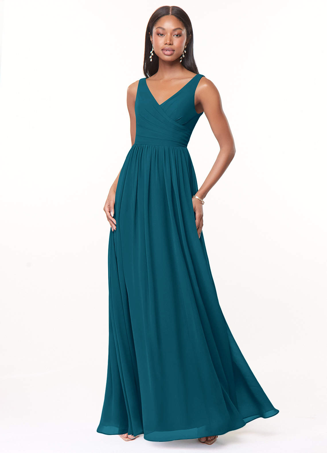 Azazie Keyla Brautjungfernkleider A-Linie V-Hals Gefaltet Chiffon Kleid Tintenblau image1