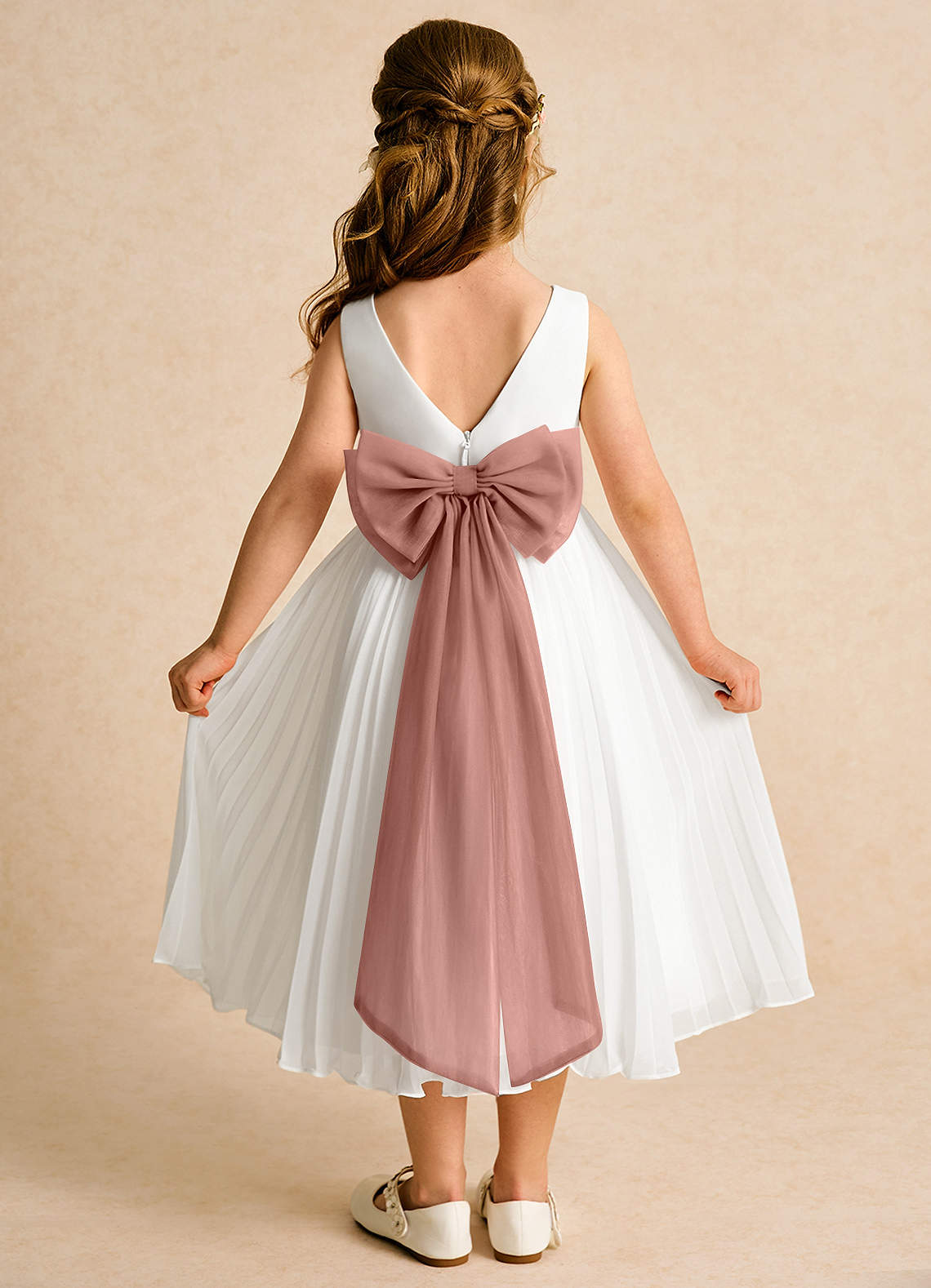 Azazie Margot Abiti da Ragazza di Fiori Abito A-Line in Chiffon Plissettato Avorio Cedro Rosa image1