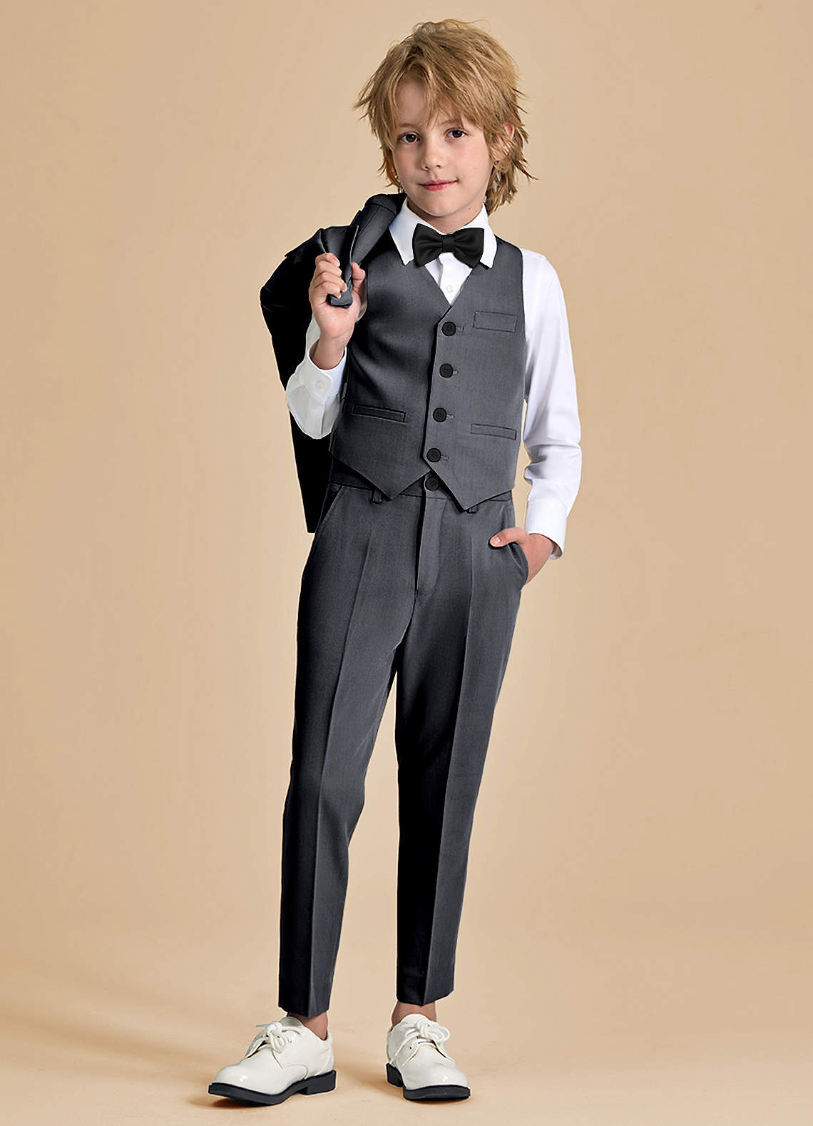 front Oliver Boys Charcoal 5-Piece Suit With Bow Tie