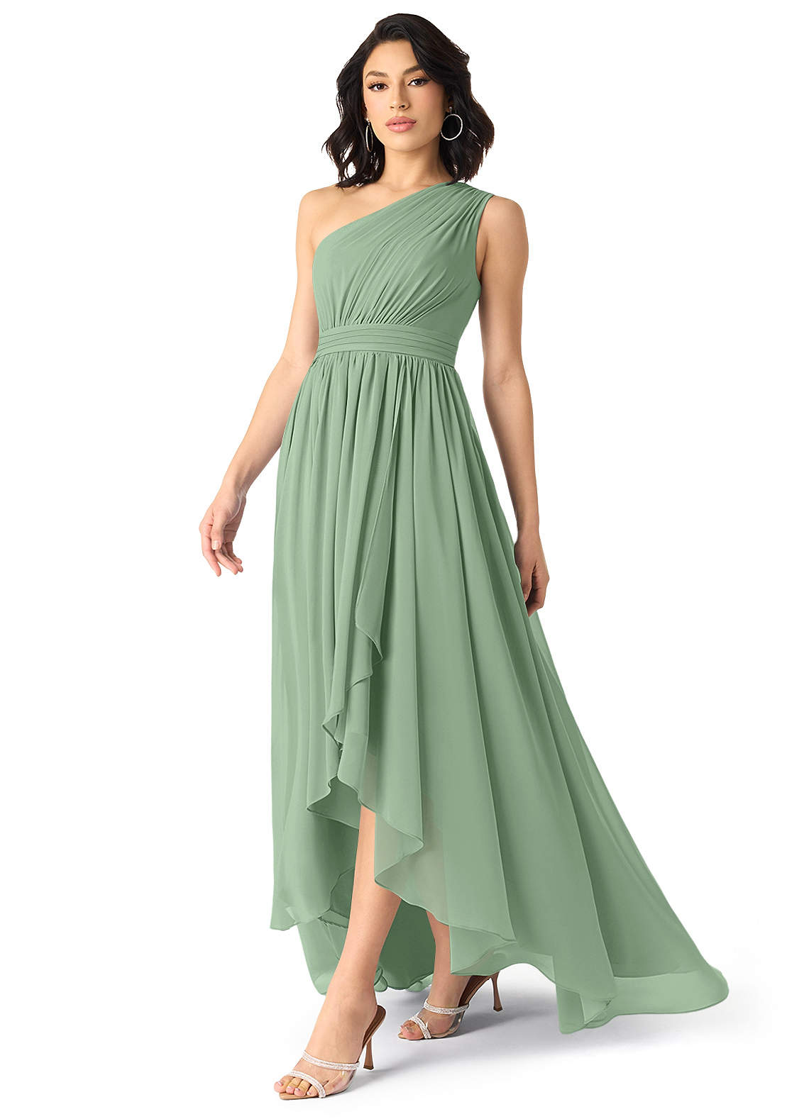 Azazie Mathilda Bridesmaid Dresses Matcha A-Line One Shoulder Chiffon Dress image2