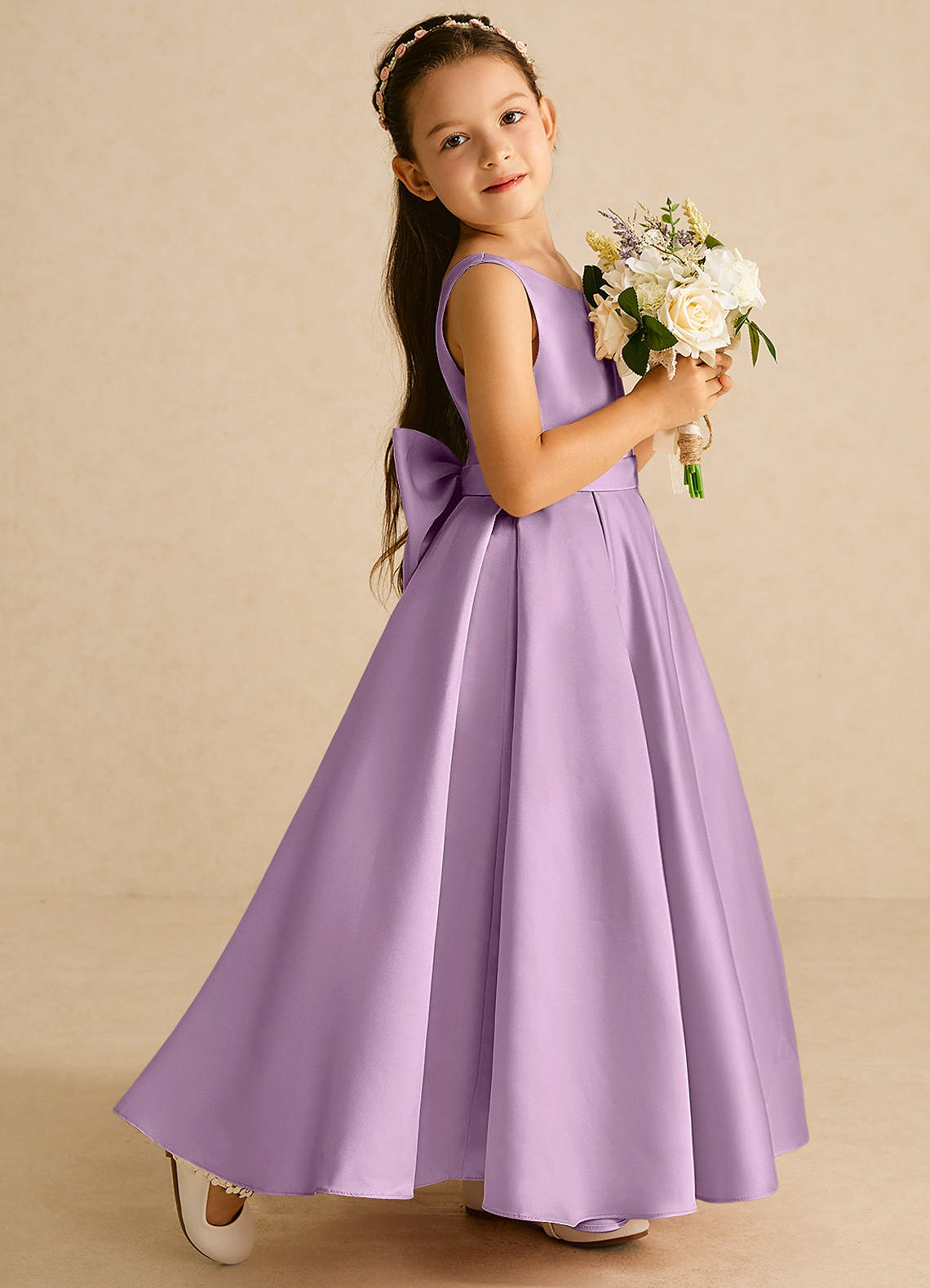 Azazie Pipsy Wisteria A-Line Bow Matte Satin Dress Azazie