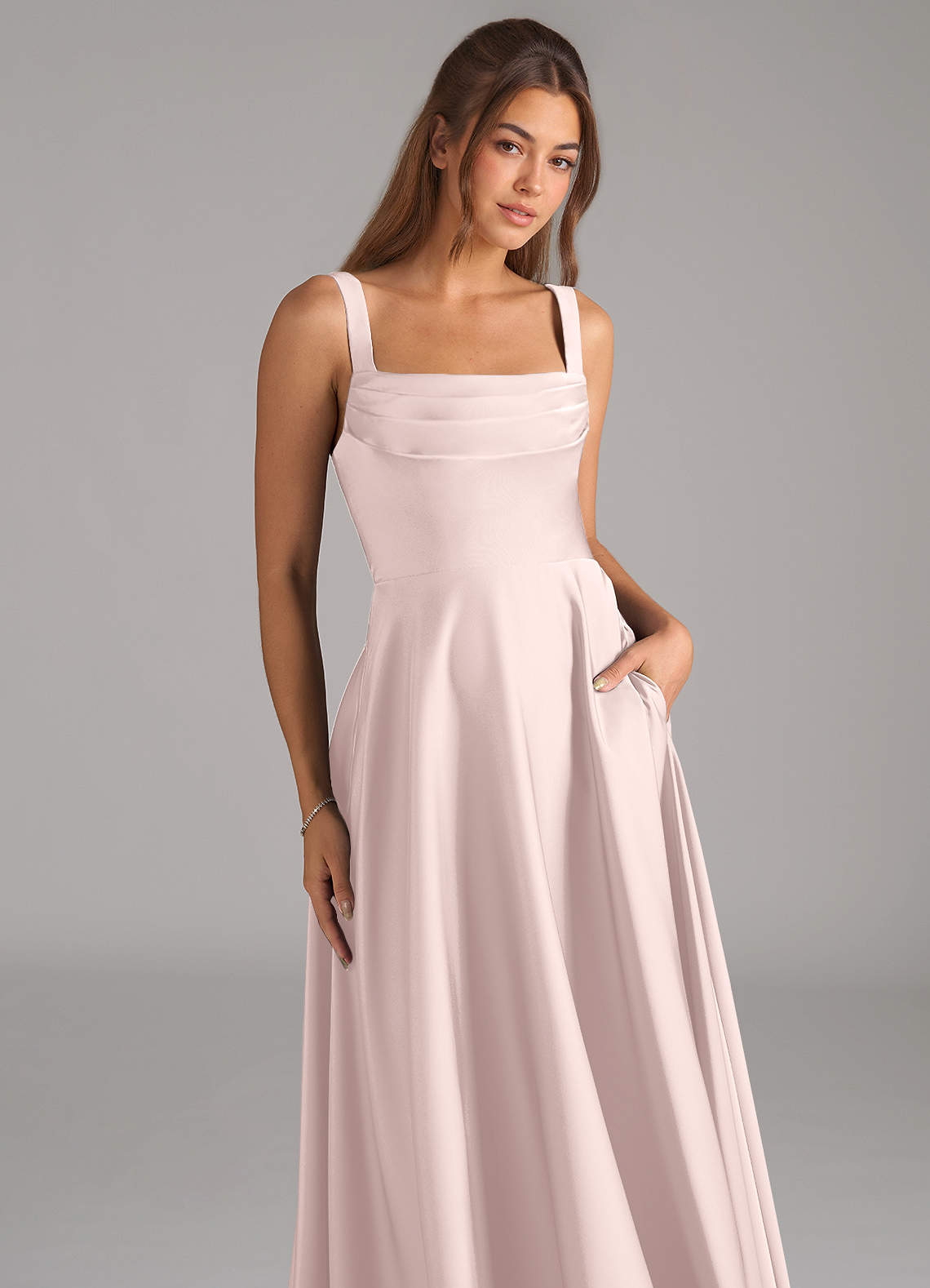 Azazie Shaude Bridesmaid Dresses Blushing Pink A-Line Pleated Stretch Satin Dress image1