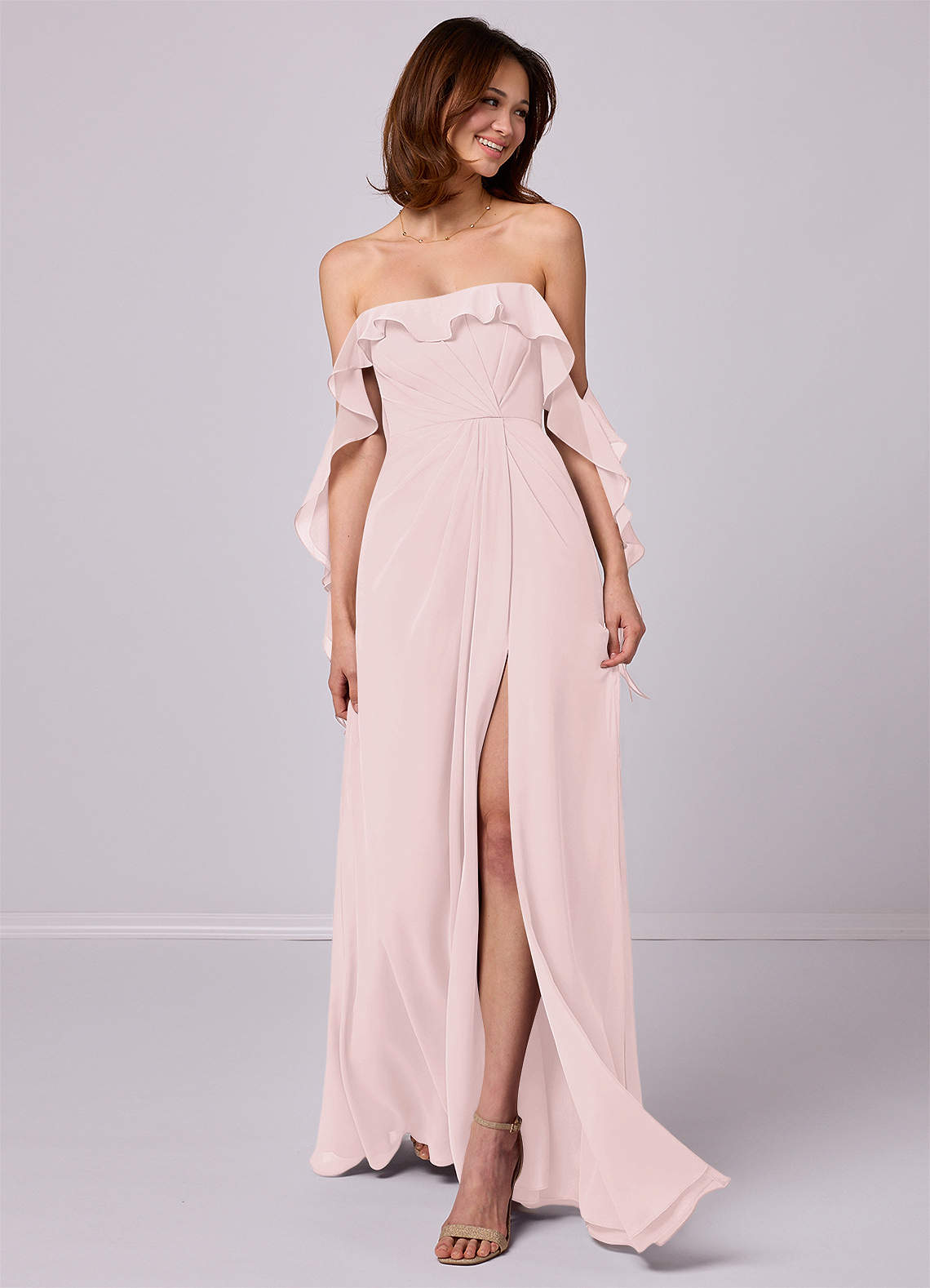 Barbie ♥ Azazie Jurken voor bruidsmeisjes Converteerbaar Jurk van Chiffon met A-Lijn Off the Shoulder Blozend Roze image1