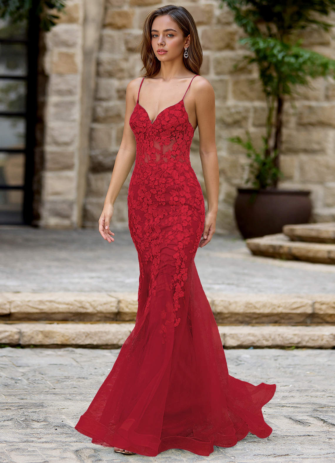 Dentelle Rojo Vestido de fiesta de sirena image3