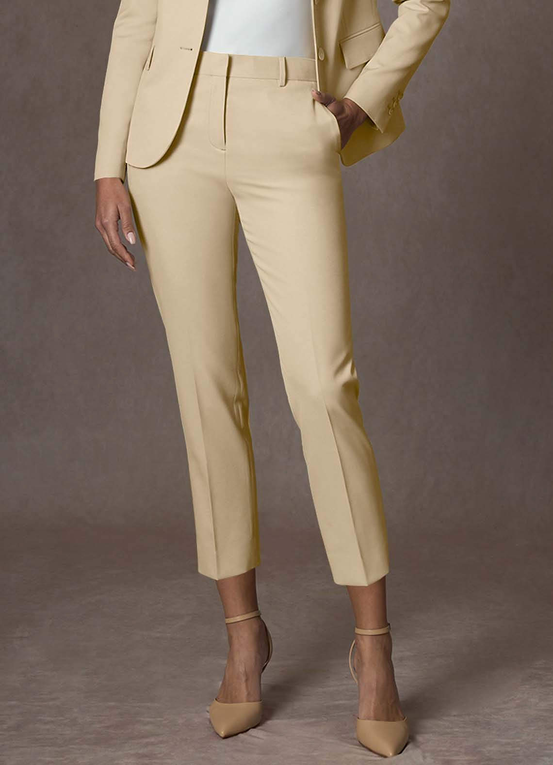 front Whitney Champagne Structured Stretch Cropped Dress Pants