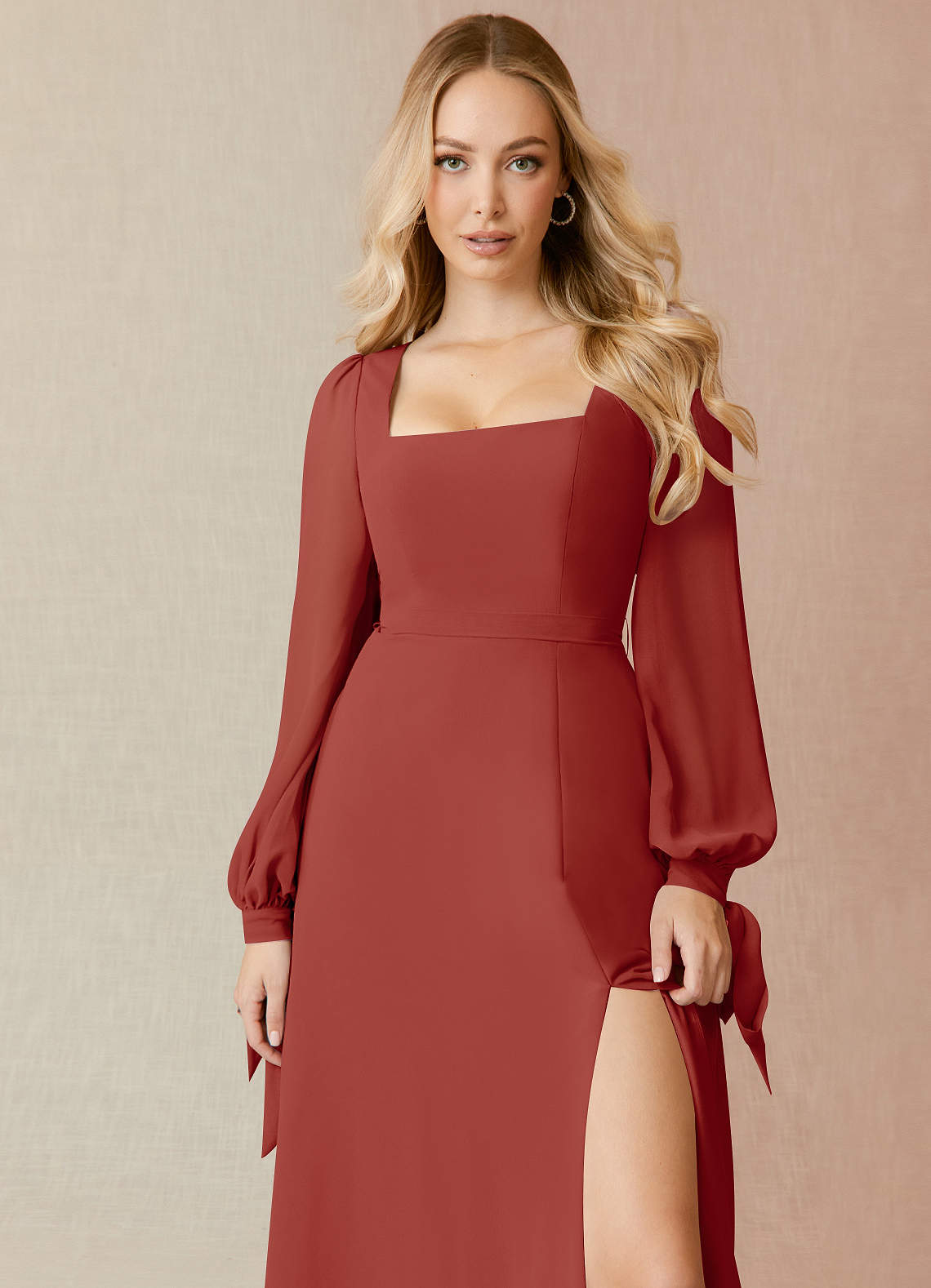 Azazie Leonia Bridesmaid Dresses Terracotta A-Line Long Sleeve Chiffon Dress image4
