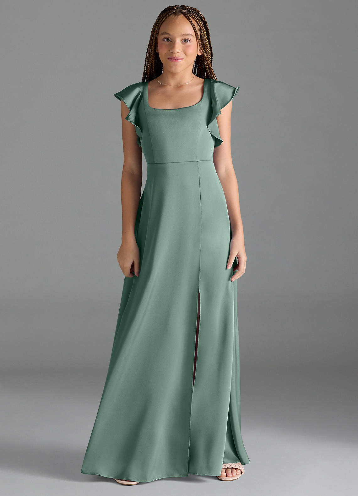 Azazie Bondi Junior Eucalyptus A-Line Side Slit Stretch Satin Dress image1