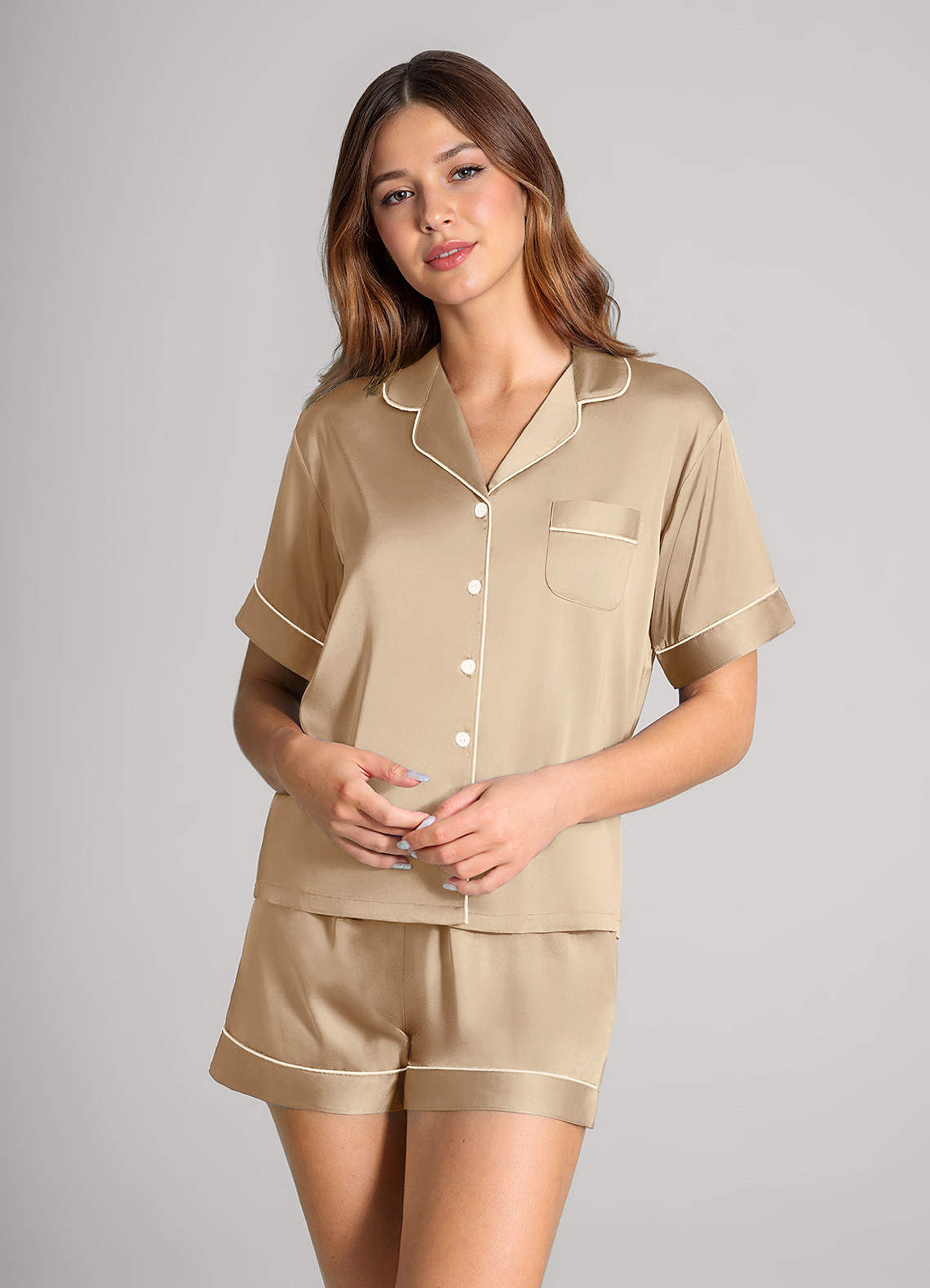 front Satin Contrast Piping Pajama Set