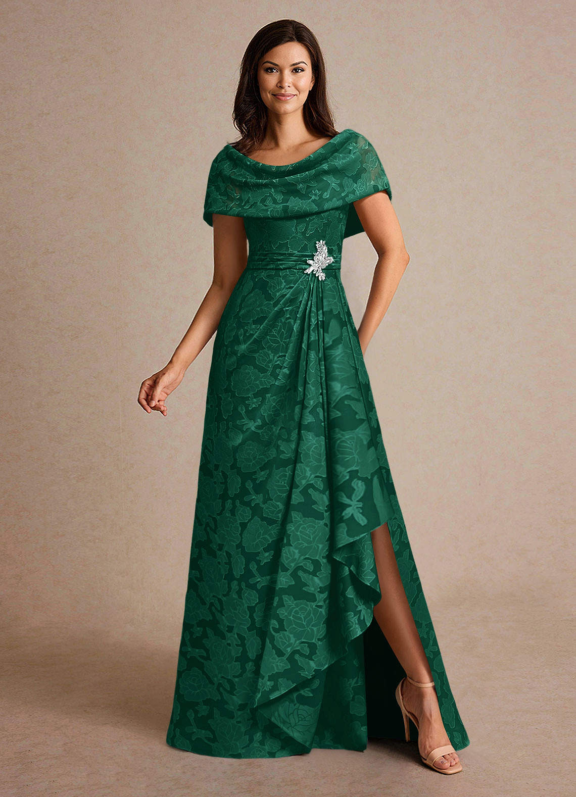 Azazie Branford vestidos de madre de la novia Vestido de Esmeralda de Devorado Floral de Corte En A con Plisado image3