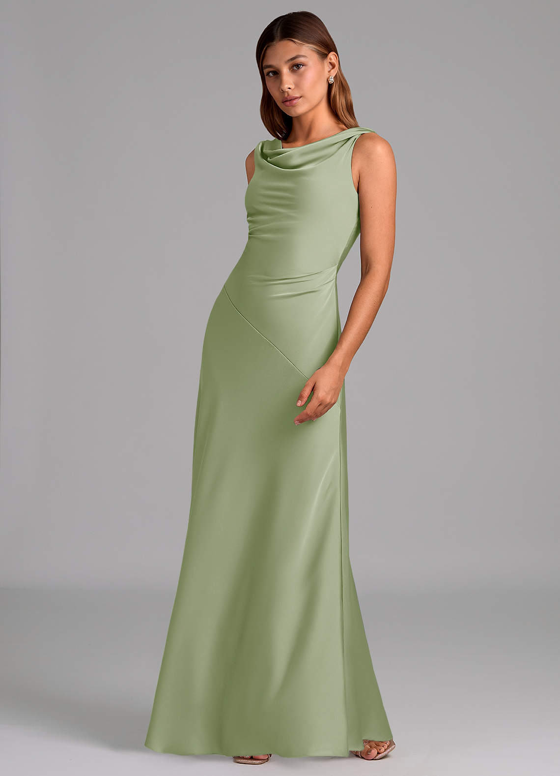 azazie sage bridesmaid dresses Azazie A-Line Cowl Neck Floor-Length Stretch Satin Bridesmaid Dresses